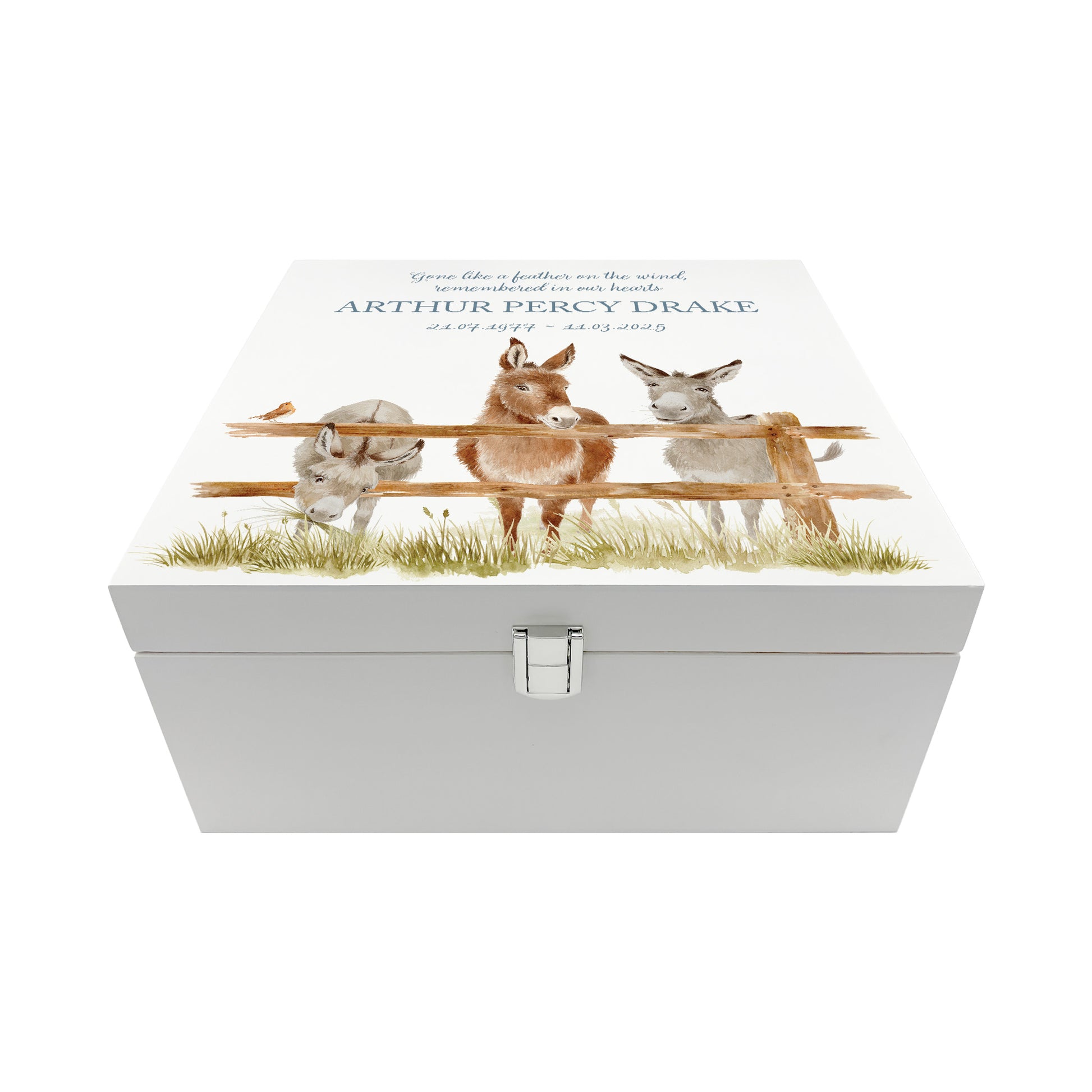 White Square personalised Wooden box with a decorative lid featuring illustrations of Donkeys and a little Robin lined up along a fence line. Perfect funeral memory keepsake box, for storing ashes, order of service, flowers and capturing your loved ones things in one place