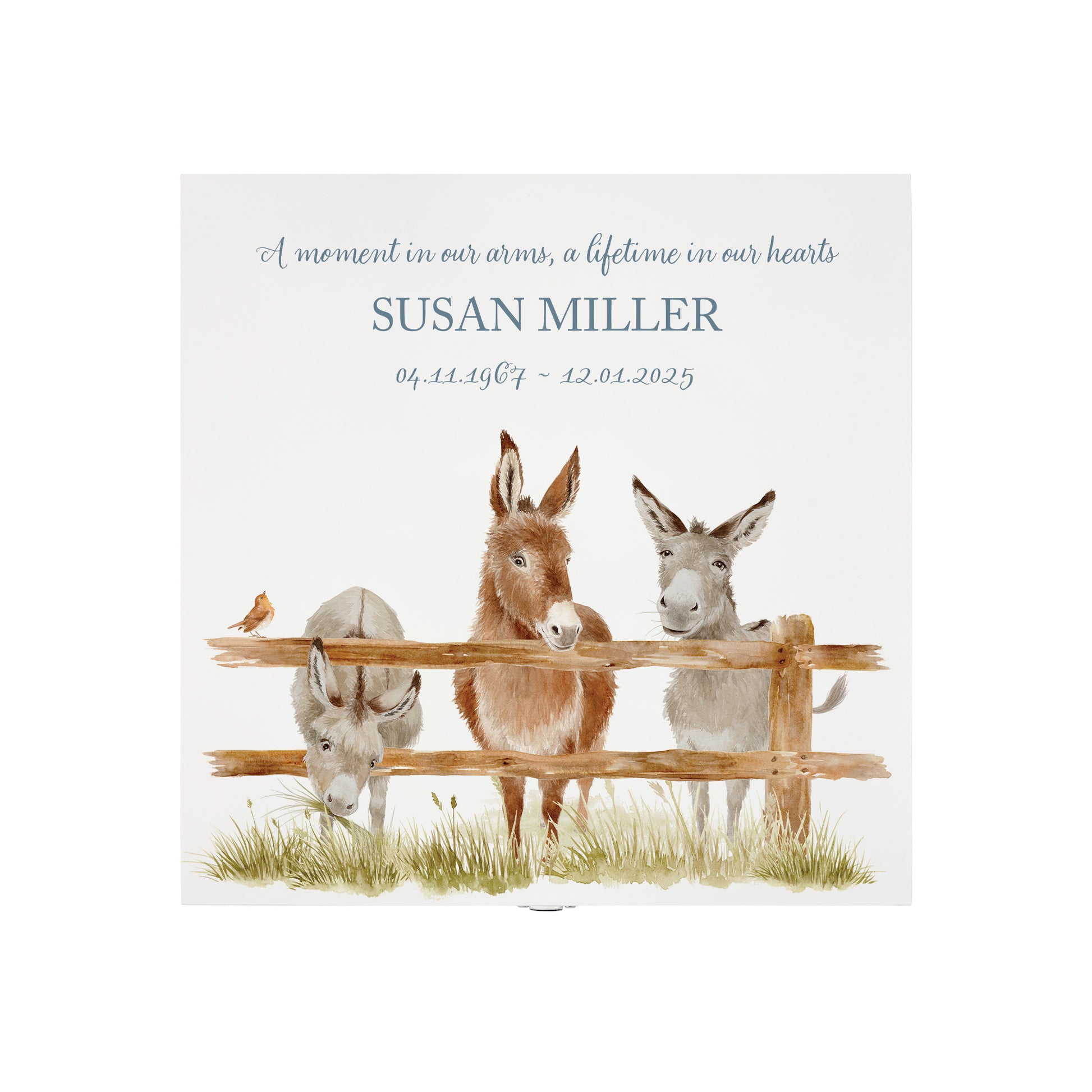 White Square personalised Wooden box with a decorative lid featuring illustrations of Donkeys and a little Robin lined up along a fence line. Perfect funeral memory keepsake box, for storing ashes, order of service, flowers and capturing your loved ones things in one place