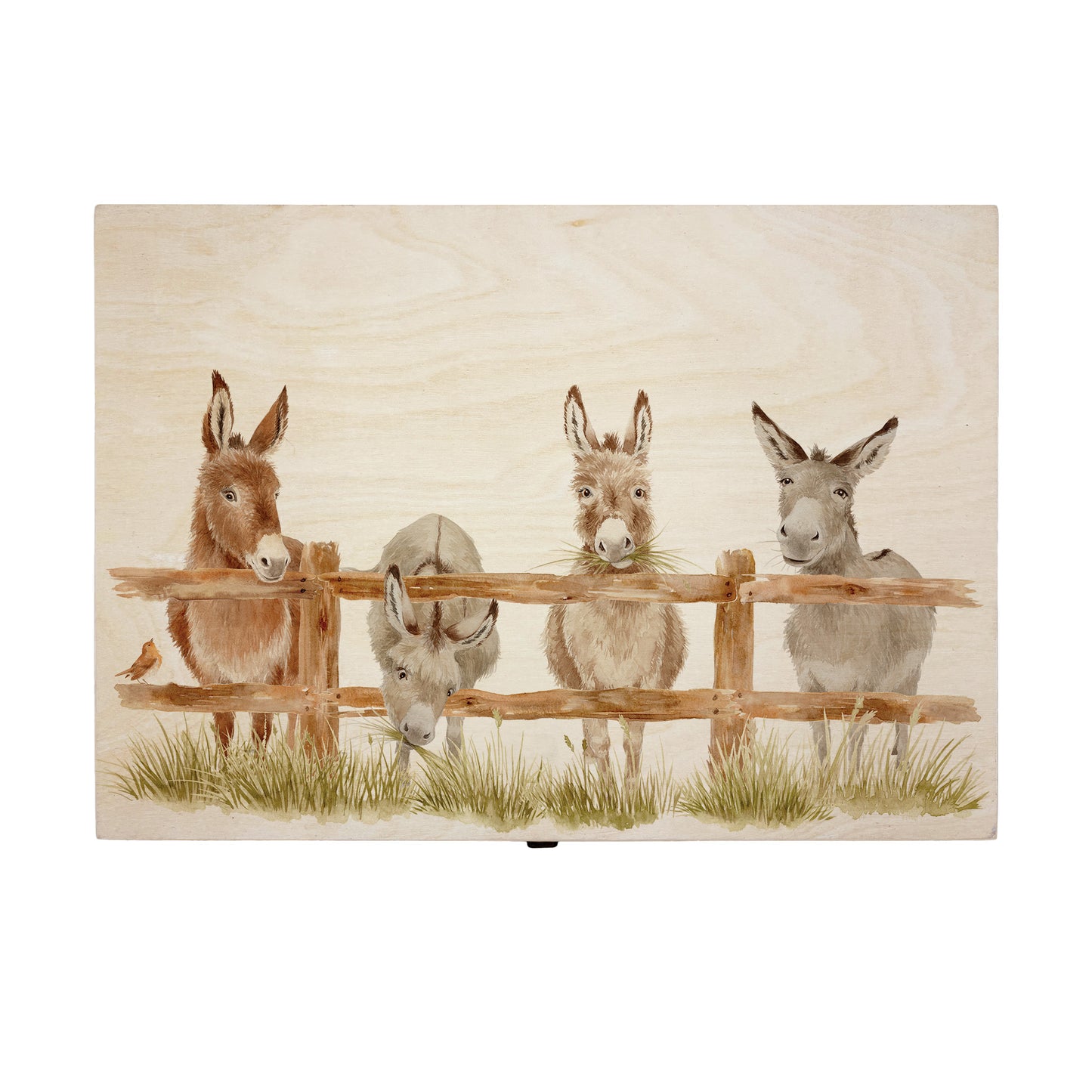 Large wooden pine gift box, The perfect Personalised keepsake, multipurpose, memory box, storage box with a group of Donkey's lined up at a fence with a robin sat on the edge. The design features our classic gentle watercolour style. The best was to offer a truly unique gift for a loved one.