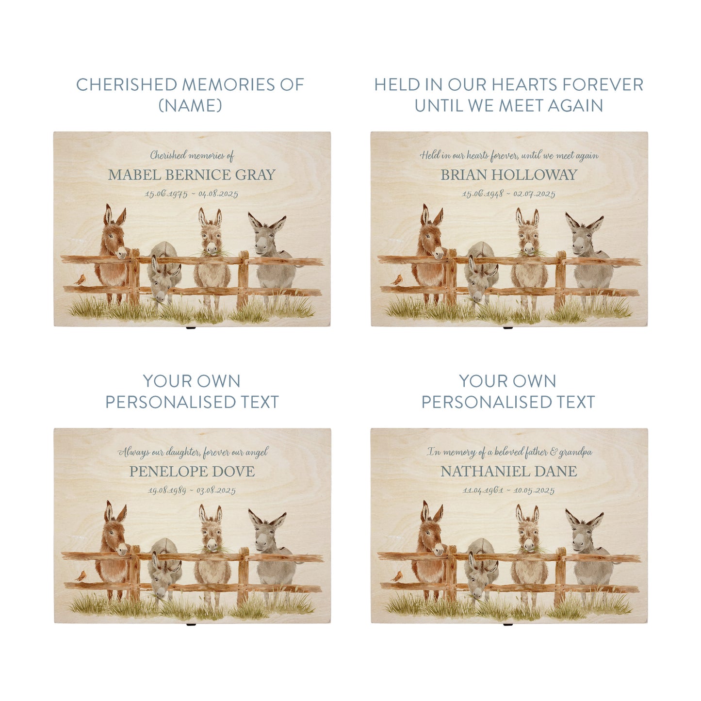 Wooden box with a lid featuring an illustration of Donkeys on a wooden background Perfect funeral memory keepsake box, for storing ashes, order of service, flowers, pictures.