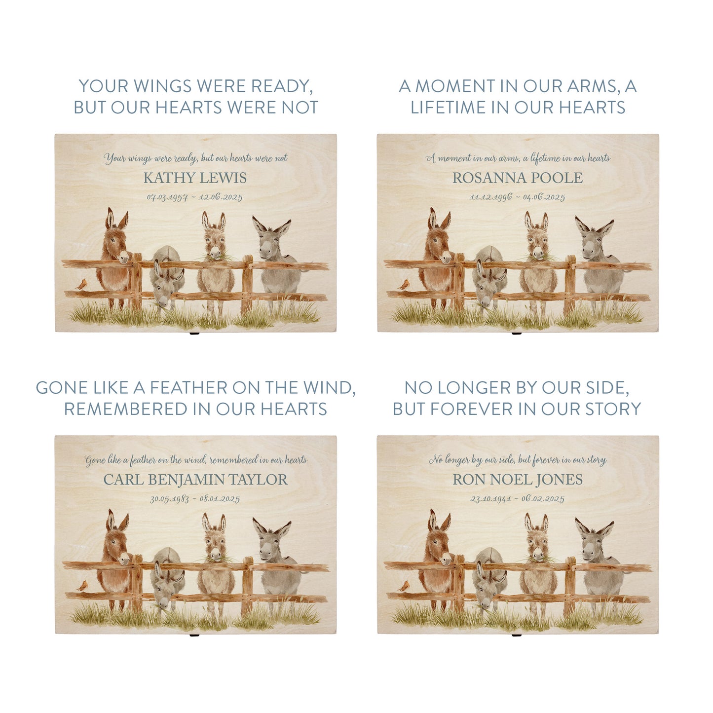 Wooden box with a lid featuring an illustration of Donkeys on a wooden background Perfect funeral memory keepsake box, for storing ashes, order of service, flowers, pictures.