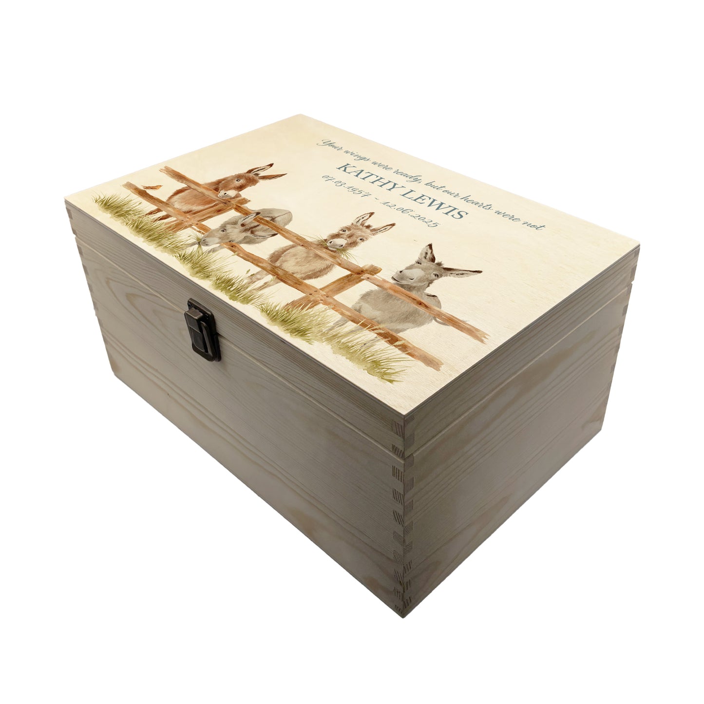 Wooden box with a lid featuring an illustration of Donkeys on a wooden background Perfect funeral memory keepsake box, for storing ashes, order of service, flowers, pictures.