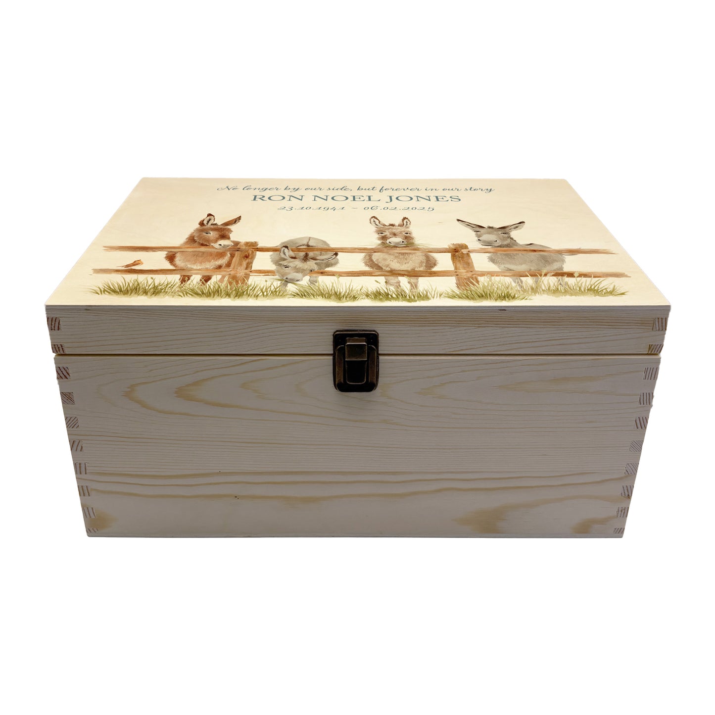 Wooden box with a lid featuring an illustration of Donkeys on a wooden background Perfect funeral memory keepsake box, for storing ashes, order of service, flowers, pictures.