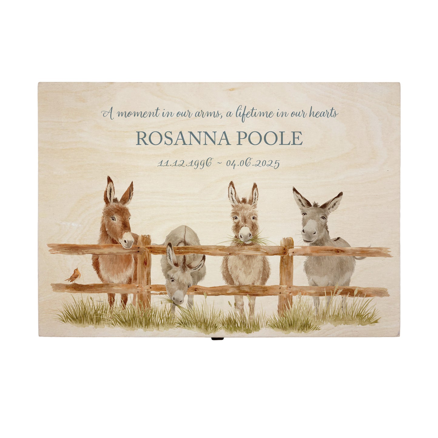 Wooden box with a lid featuring an illustration of Donkeys on a wooden background Perfect funeral memory keepsake box, for storing ashes, order of service, flowers, pictures.