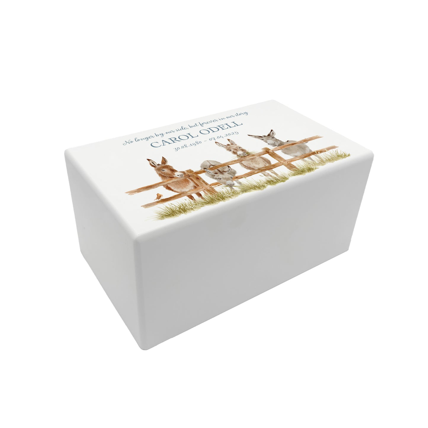 Luxury solid wooden white painted Urn with Donkeys lined up along a fence with a little Robin sitting on the fence. watercolour illustration, our urns and Caskets for displaying or burying ashes. Customisable and can be personalised. Perfect funeral memory keepsake urn, for storing ashes for humans and pets.