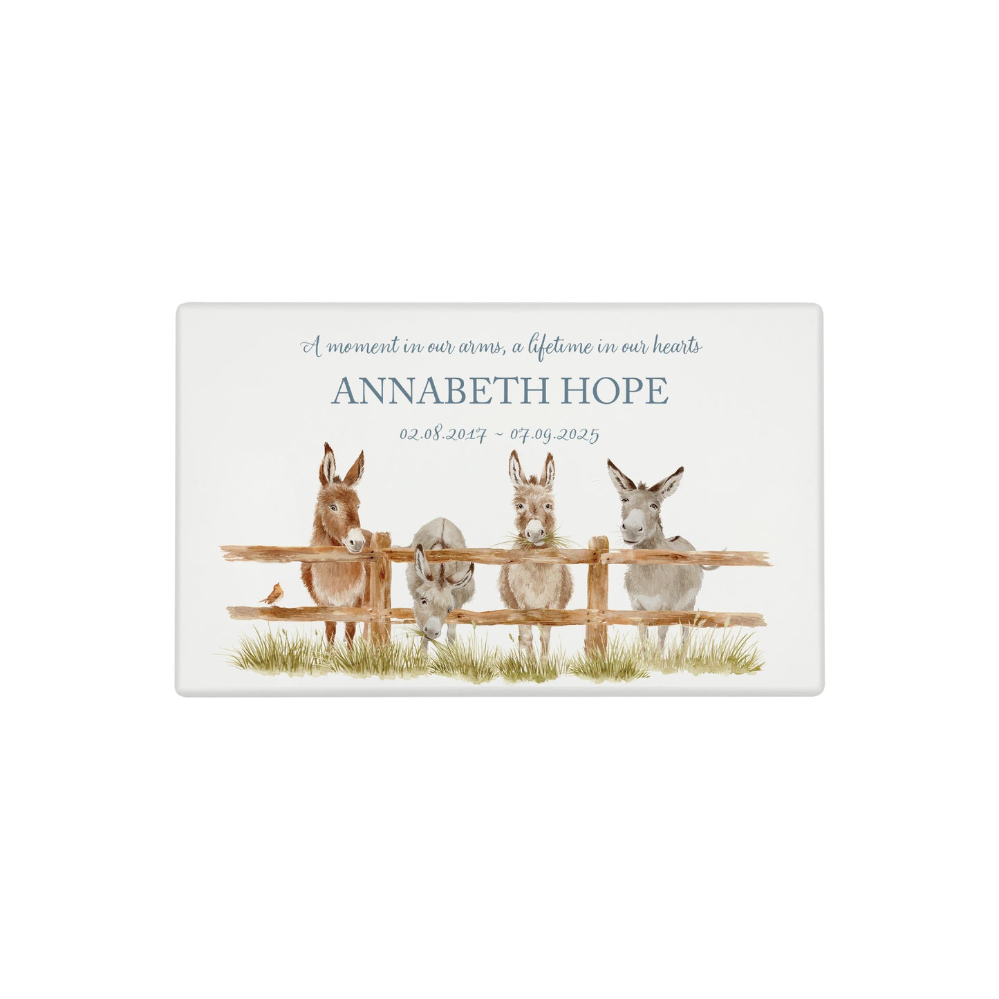 Luxury solid wooden white painted Urn with Donkeys lined up along a fence with a little Robin sitting on the fence. watercolour illustration, our urns and Caskets for displaying or burying ashes. Customisable and can be personalised. Perfect funeral memory keepsake urn, for storing ashes for humans and pets.