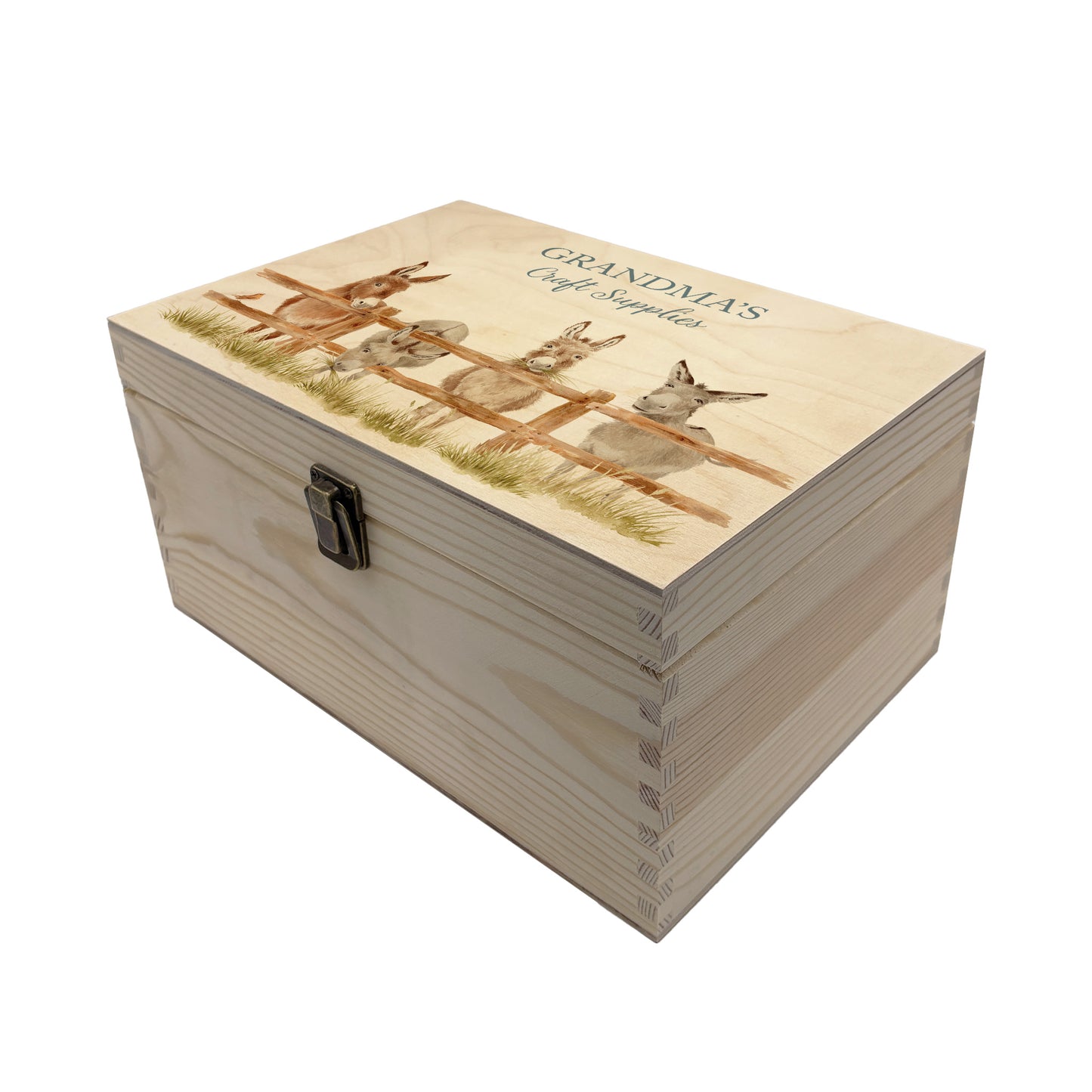 Medium wooden pine gift box, The perfect Personalised keepsake, multipurpose, memory box, storage box with a group of Donkey's lined up at a fence with a robin sat on the edge. The design features our classic gentle watercolour style. The best was to offer a truly unique gift for a loved one.
