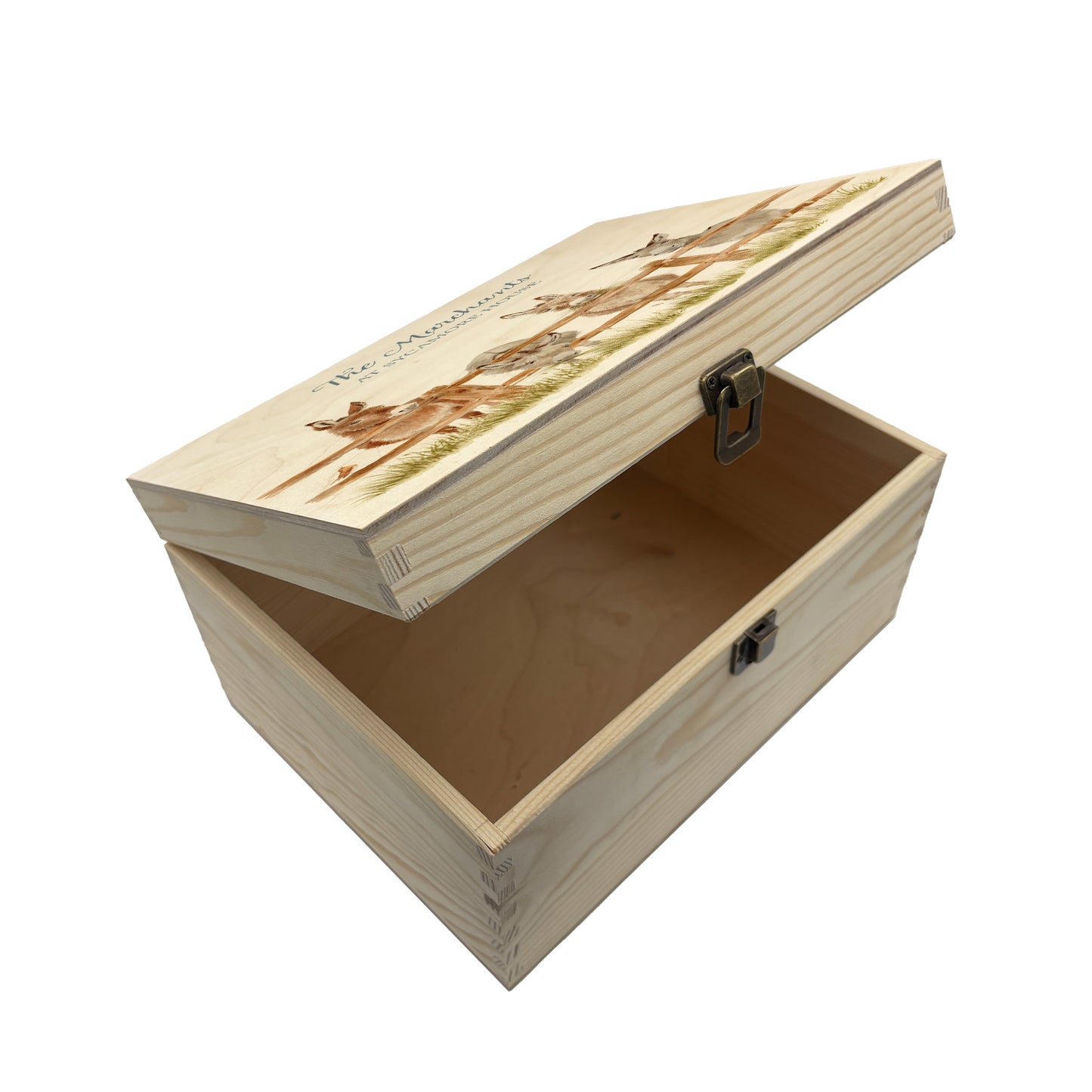 Medium wooden pine gift box, The perfect Personalised keepsake, multipurpose, memory box, storage box with a group of Donkey's lined up at a fence with a robin sat on the edge. The design features our classic gentle watercolour style. The best was to offer a truly unique gift for a loved one.