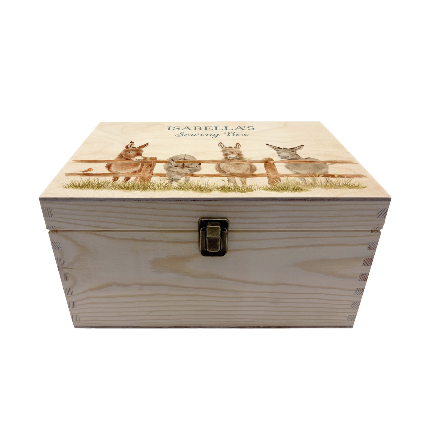 Medium wooden pine gift box, The perfect Personalised keepsake, multipurpose, memory box, storage box with a group of Donkey's lined up at a fence with a robin sat on the edge. The design features our classic gentle watercolour style. The best was to offer a truly unique gift for a loved one.