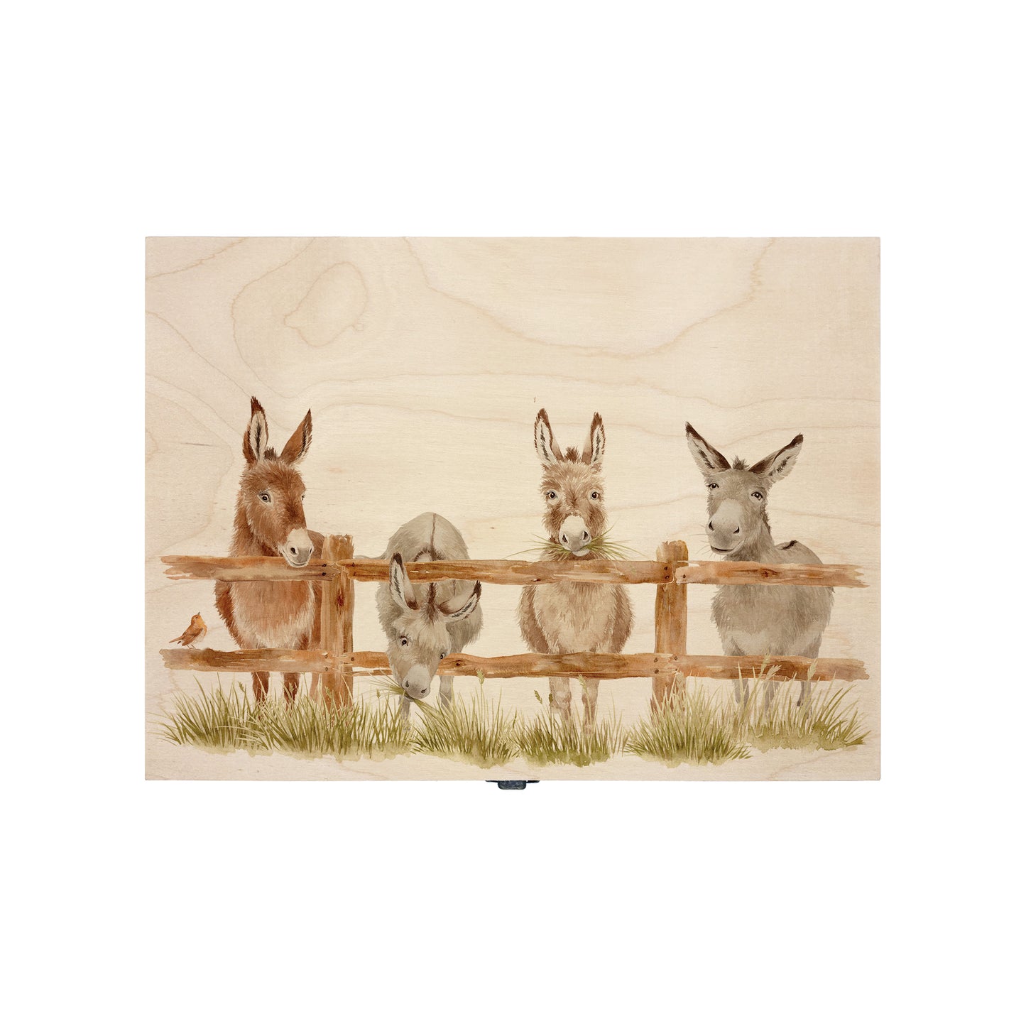 Medium wooden pine gift box, The perfect Personalised keepsake, multipurpose, memory box, storage box with a group of Donkey's lined up at a fence with a robin sat on the edge. The design features our classic gentle watercolour style. The best was to offer a truly unique gift for a loved one.