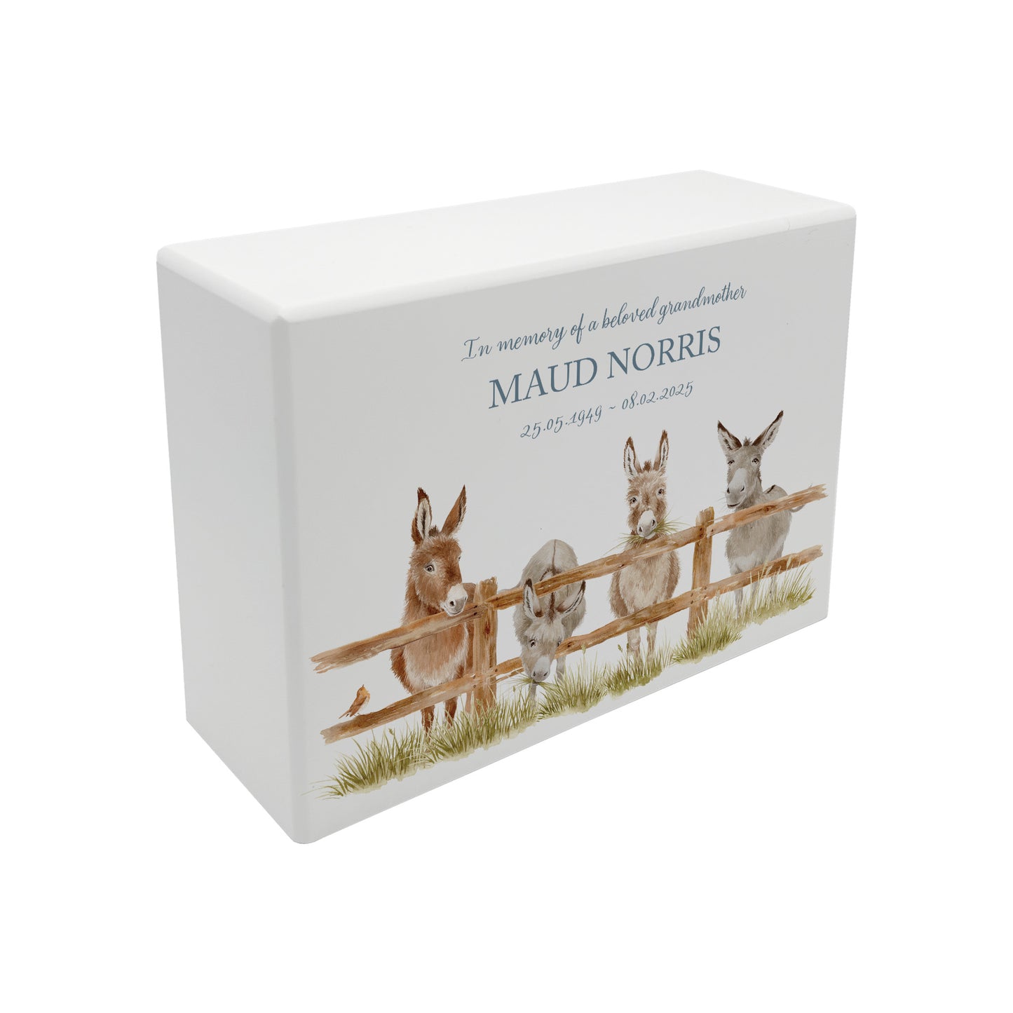 Luxury solid wooden white painted with a group of Donkey with a little Robin watercolour illustration our urns and Caskets for displaying or burying ashes. Customisable and can be personalised. Perfect funeral memory keepsake urn, for storing ashes for humans and pets.