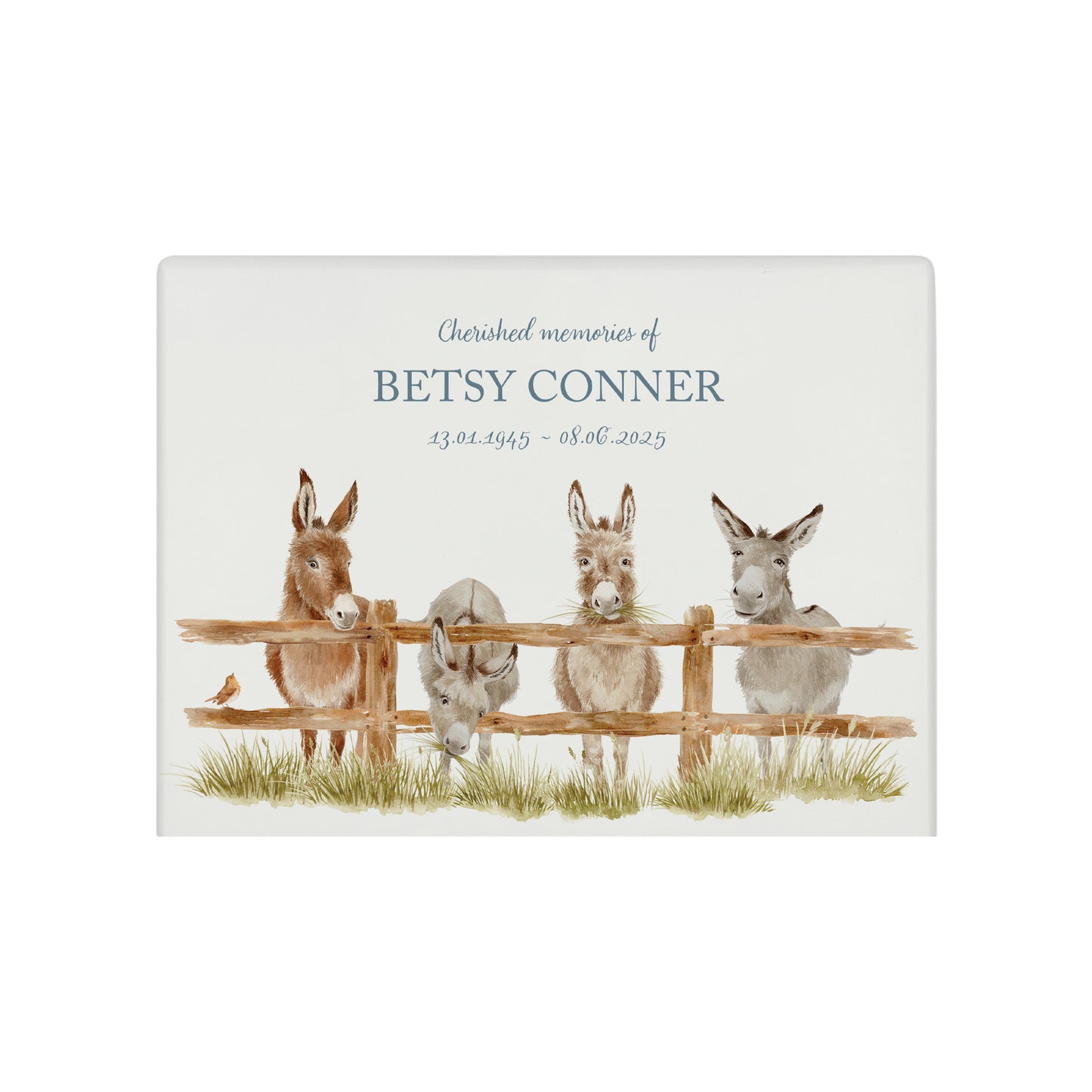 Luxury solid wooden white painted with a group of Donkey with a little Robin watercolour illustration our urns and Caskets for displaying or burying ashes. Customisable and can be personalised. Perfect funeral memory keepsake urn, for storing ashes for humans and pets.