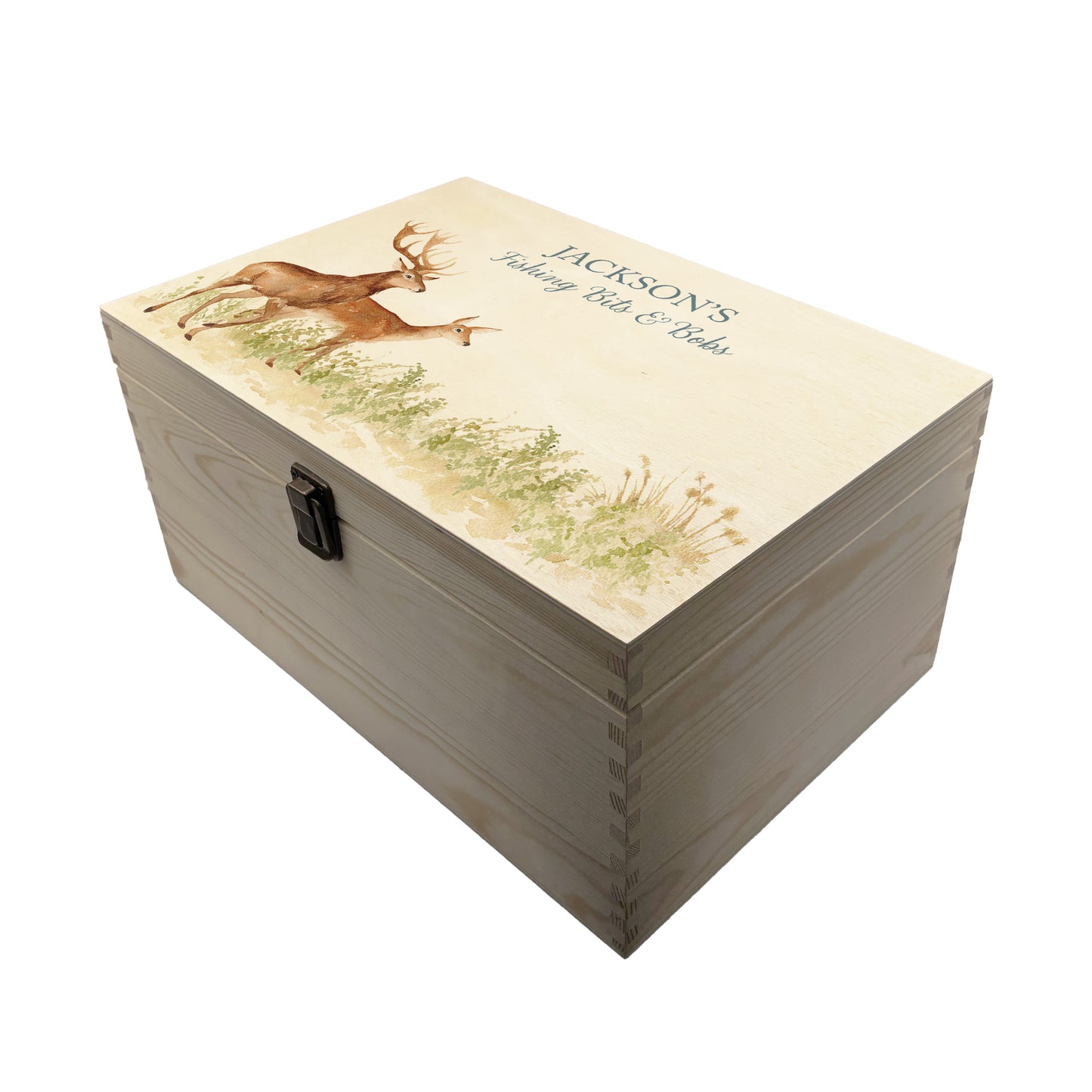 Large wooden pine gift box, The perfect Personalised keepsake, memory box, storage box with a stag and doe wandering in a grass meadow. The design features our classic gentle watercolour style.