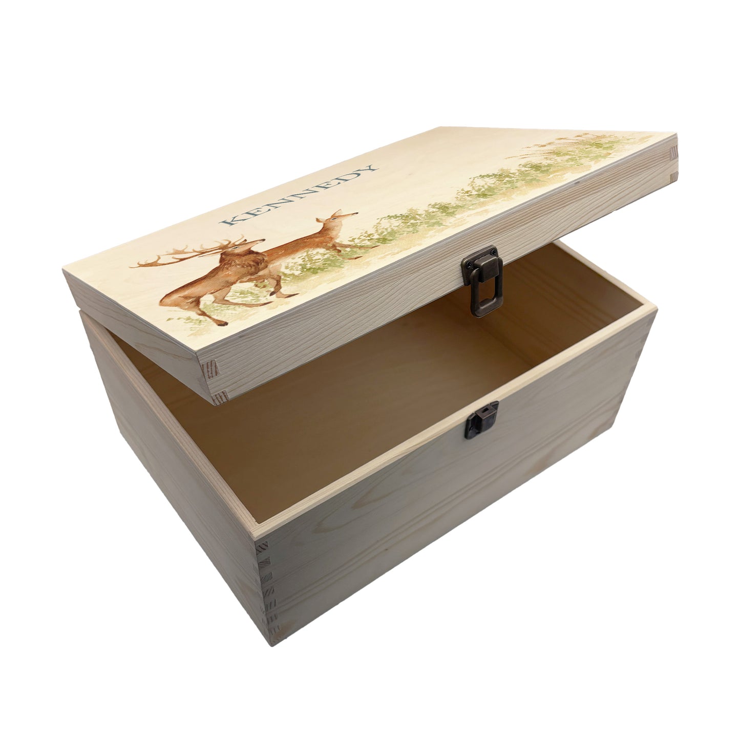 Large wooden pine gift box, The perfect Personalised keepsake, memory box, storage box with a stag and doe wandering in a grass meadow. The design features our classic gentle watercolour style.