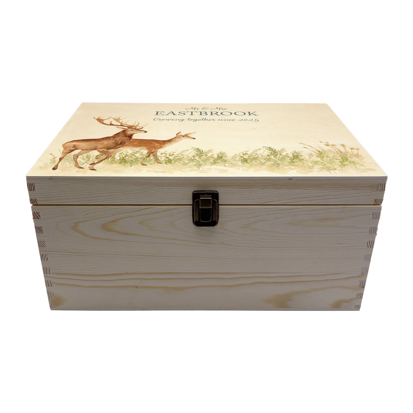 Large wooden pine gift box, The perfect Personalised keepsake, memory box, storage box with a stag and doe wandering in a grass meadow. The design features our classic gentle watercolour style.