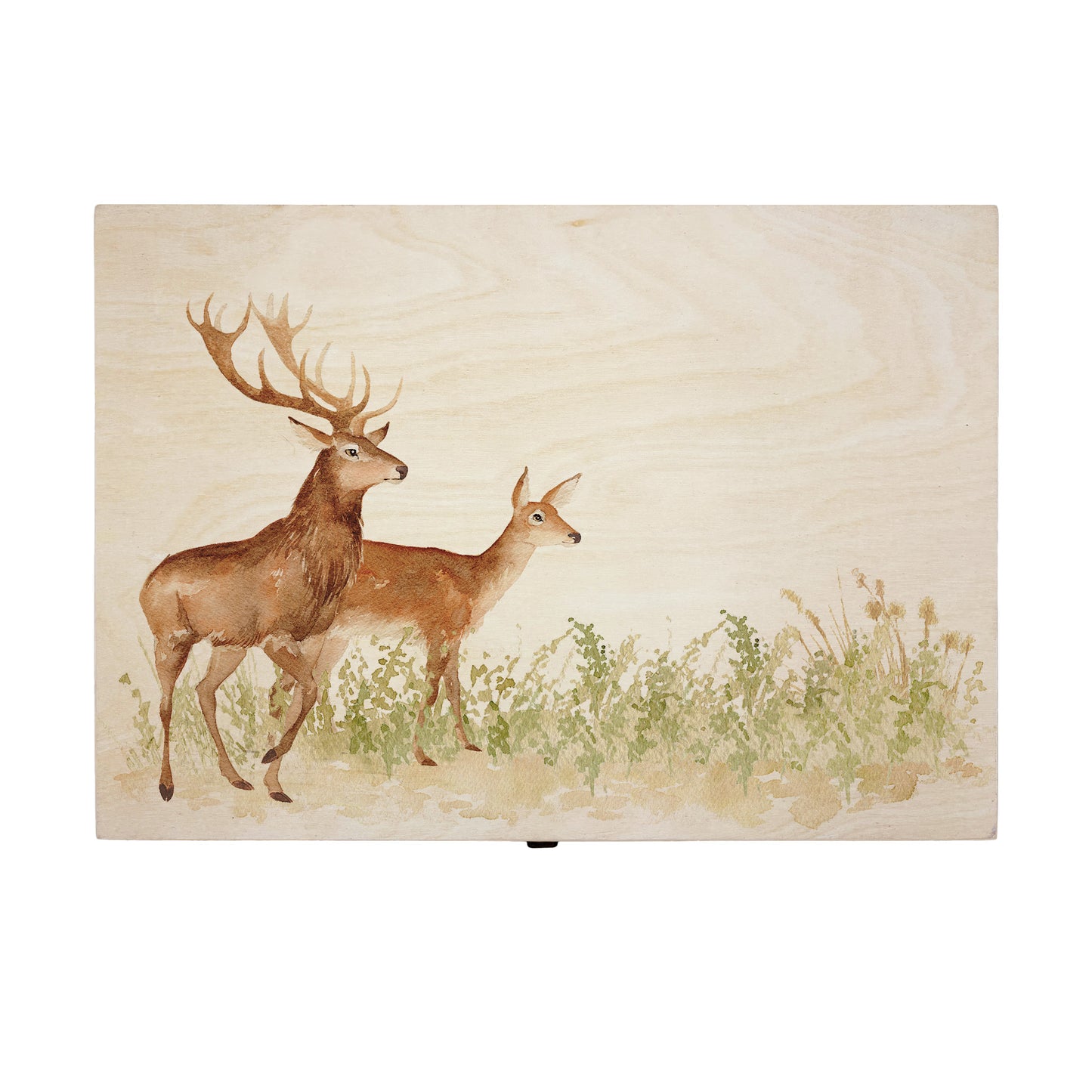 Large wooden pine gift box, The perfect Personalised keepsake, memory box, storage box with a stag and doe wandering in a grass meadow. The design features our classic gentle watercolour style.