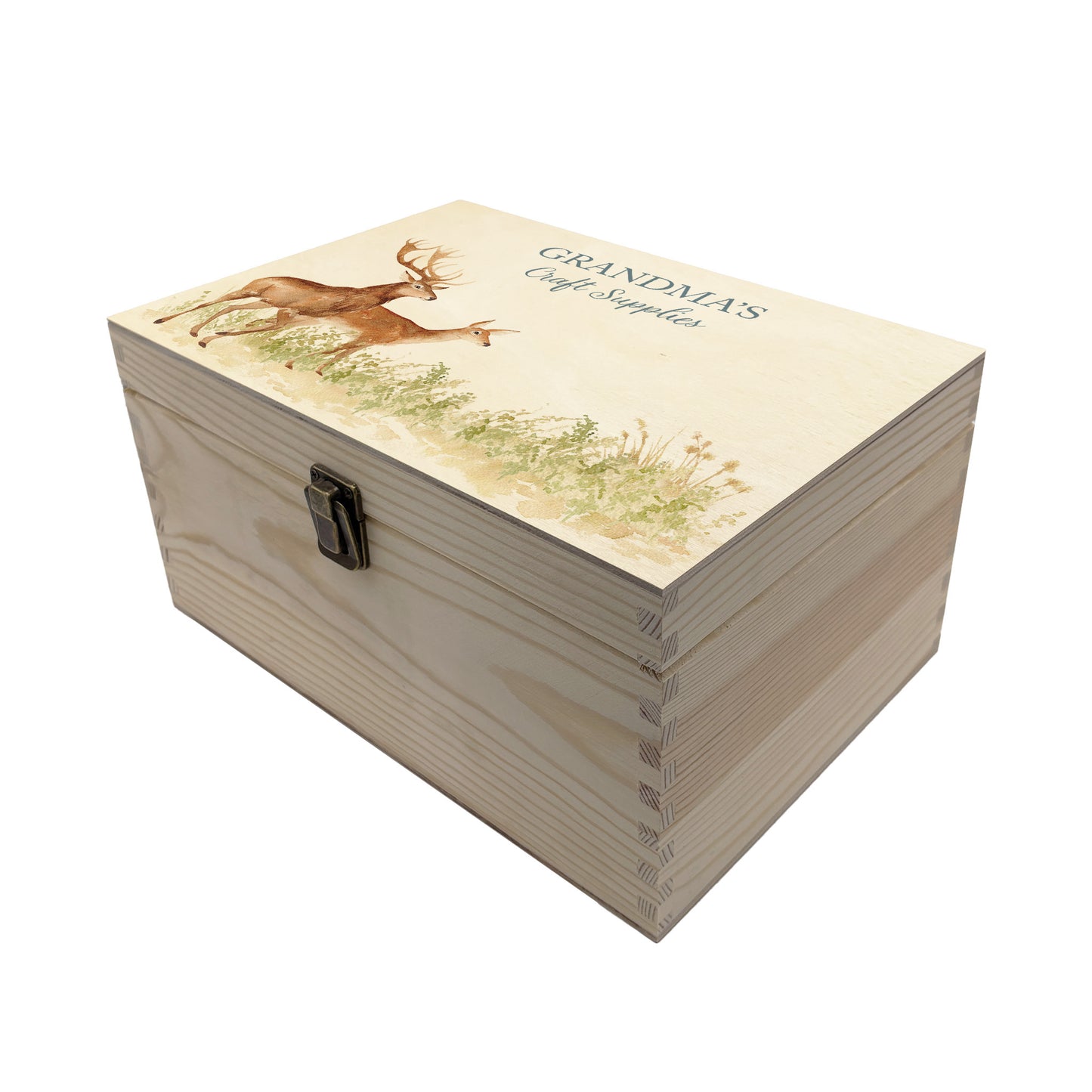 Medium wooden pine gift box, The perfect Personalised keepsake, memory box, storage box with a stag and doe wandering in a grass meadow. The design features our classic gentle watercolour style.