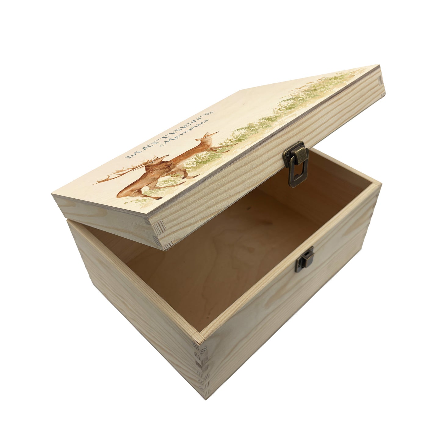 Medium wooden pine gift box, The perfect Personalised keepsake, memory box, storage box with a stag and doe wandering in a grass meadow. The design features our classic gentle watercolour style.