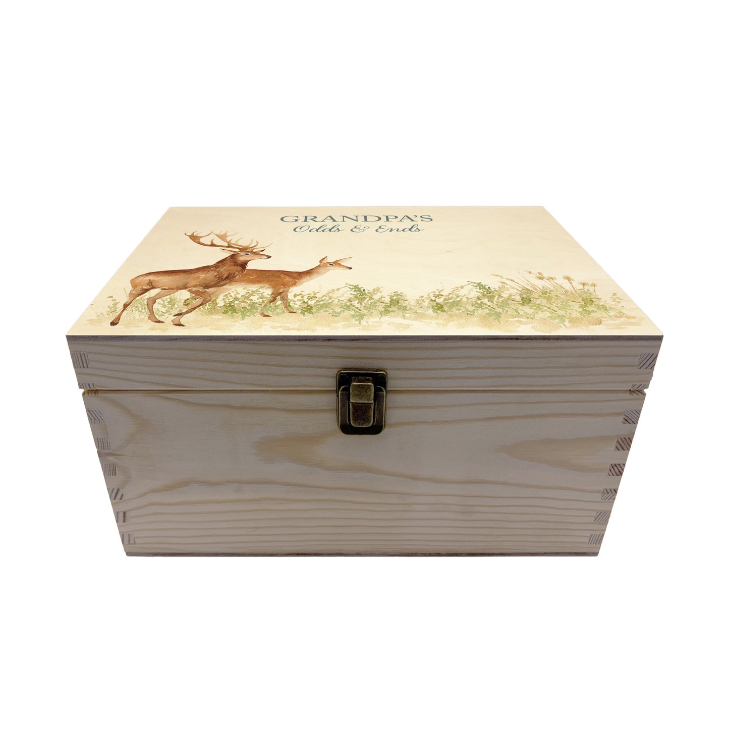 Medium wooden pine gift box, The perfect Personalised keepsake, memory box, storage box with a stag and doe wandering in a grass meadow. The design features our classic gentle watercolour style.