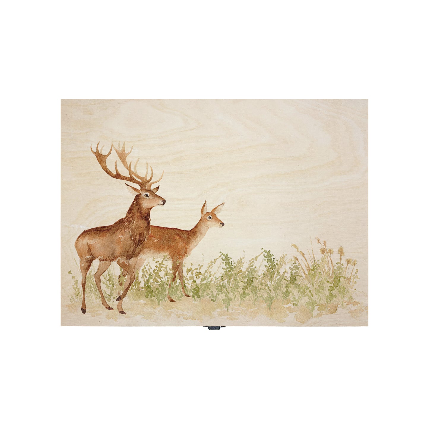 Medium wooden pine gift box, The perfect Personalised keepsake, memory box, storage box with a stag and doe wandering in a grass meadow. The design features our classic gentle watercolour style.