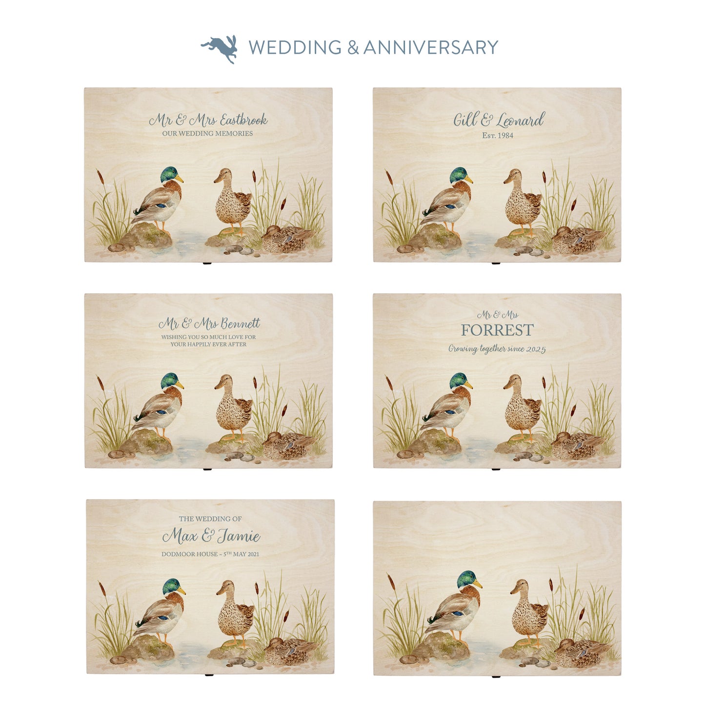 This shows our beautiful Large wooden & anniversary gift box with the various personalisation options you can choose to offer a truly customised present for a loved one. Couples names, Mr & Mrs, dates the options are endless.