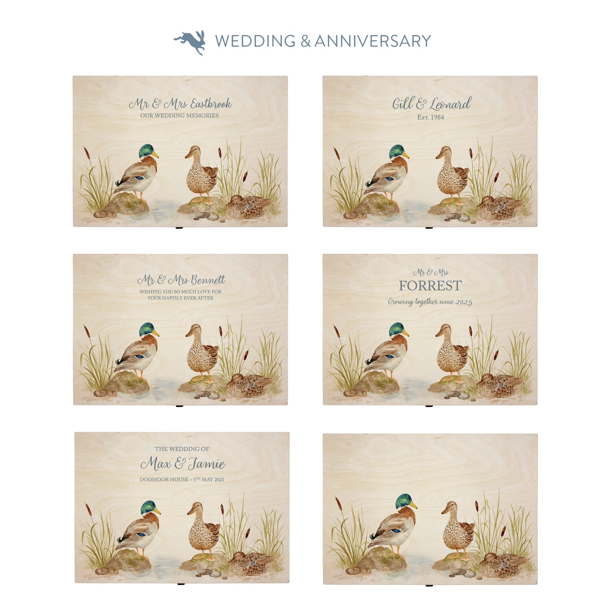 This shows our beautiful Large wooden & anniversary gift box with the various personalisation options you can choose to offer a truly customised present for a loved one. Couples names, Mr & Mrs, dates the options are endless.