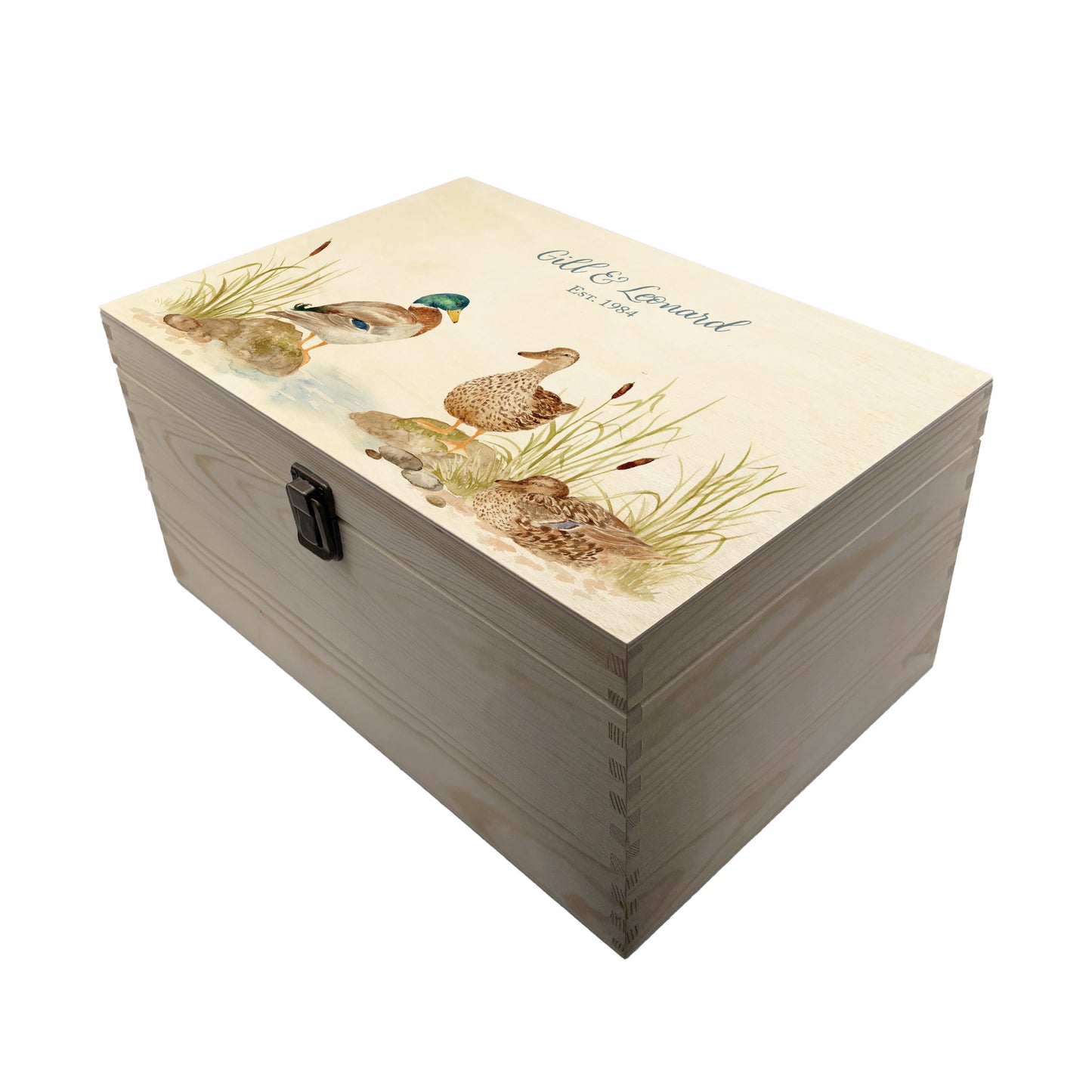 Large wooden pine memory/wedding/anniversary gift box featuring a dreamy watercolour illustration of two ducks side-by-side, perfect for celebrating a lasting bond.