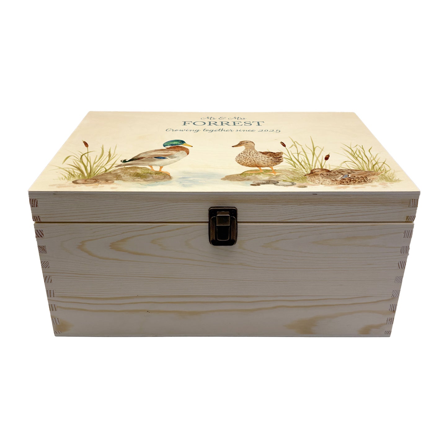 Large wooden pine memory/wedding/anniversary gift box featuring a dreamy watercolour illustration of two ducks side-by-side, perfect for celebrating a lasting bond.
