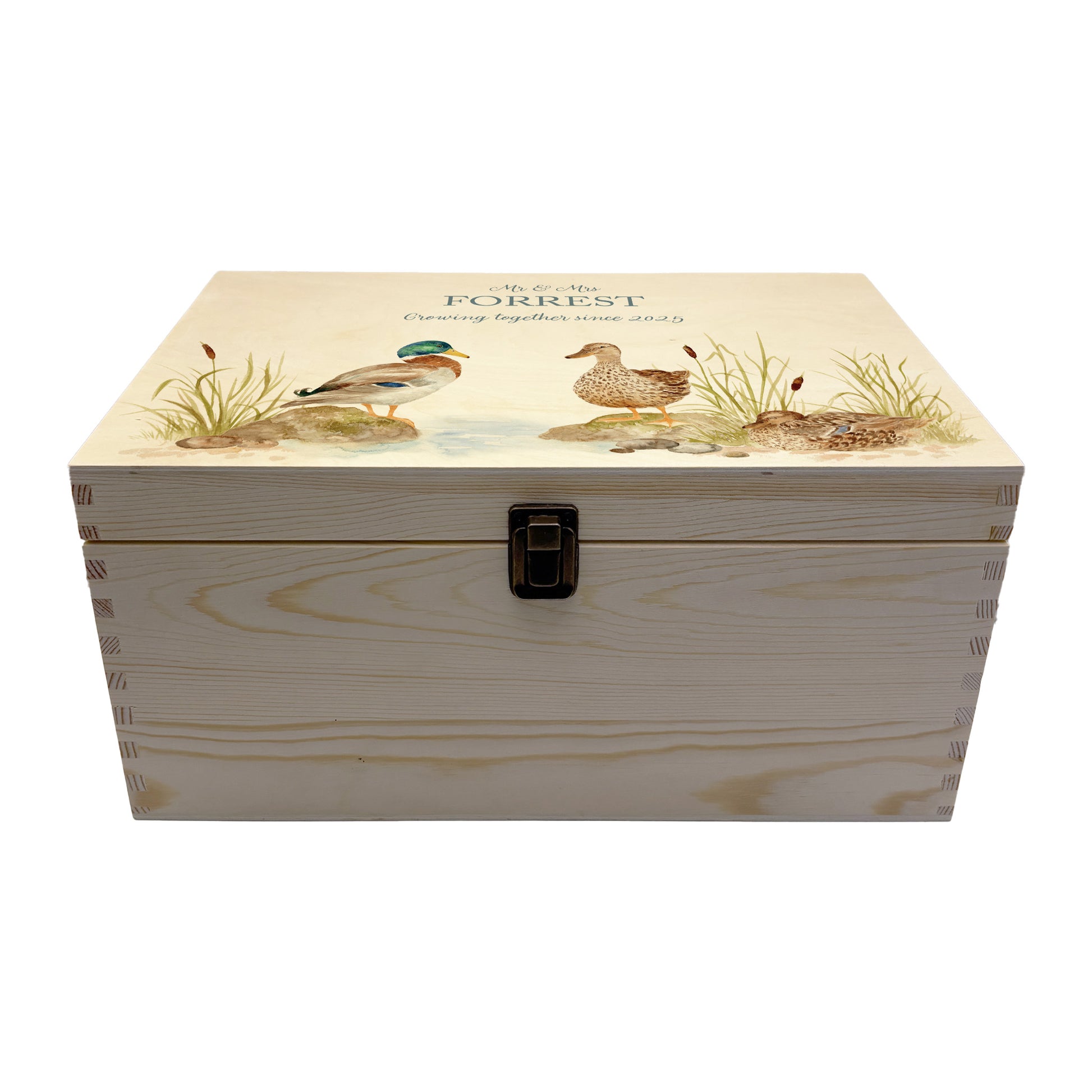 Large wooden pine memory/wedding/anniversary gift box featuring a dreamy watercolour illustration of two ducks side-by-side, perfect for celebrating a lasting bond.
