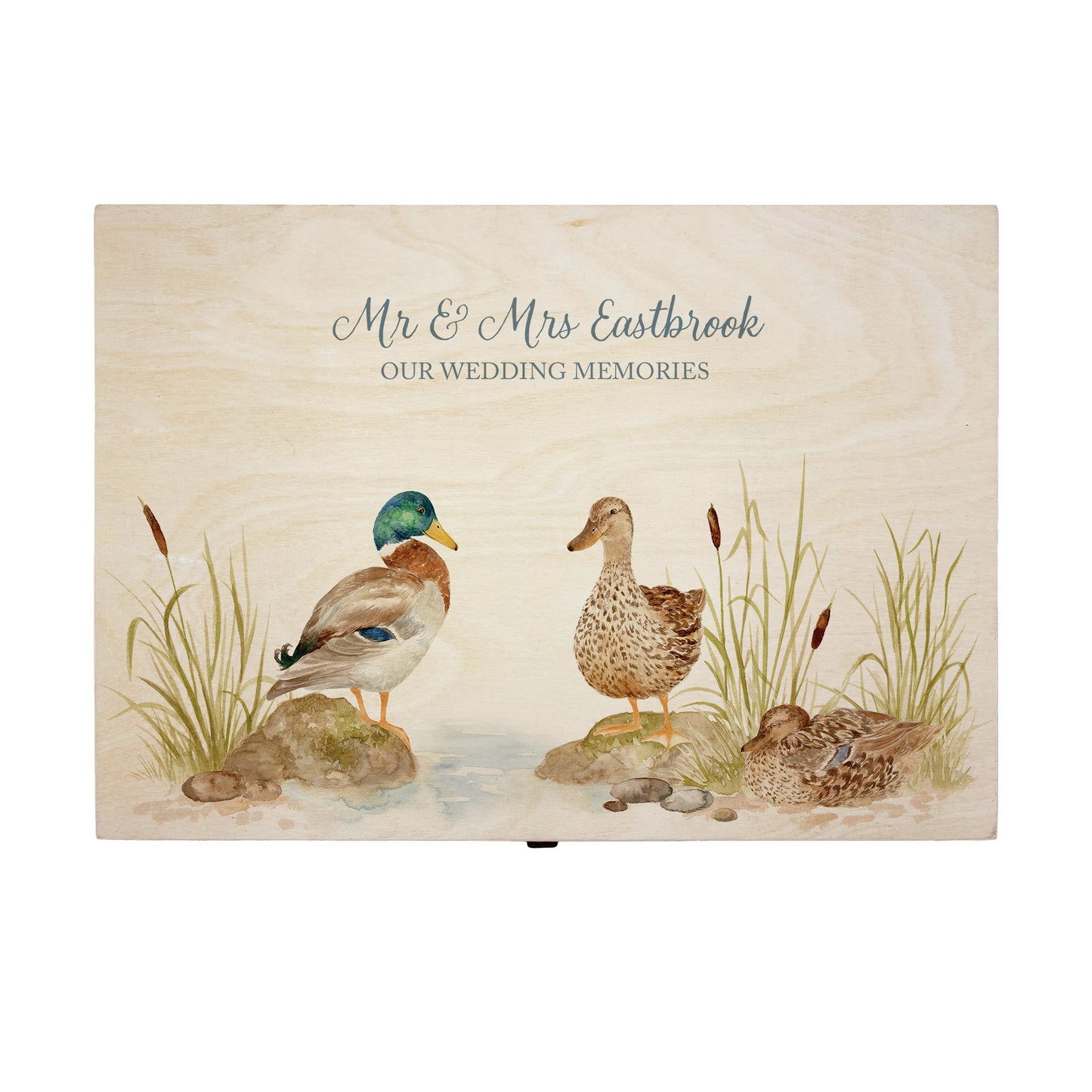 Large wooden pine memory/wedding/anniversary gift box featuring a dreamy watercolour illustration of two ducks side-by-side, perfect for celebrating a lasting bond.