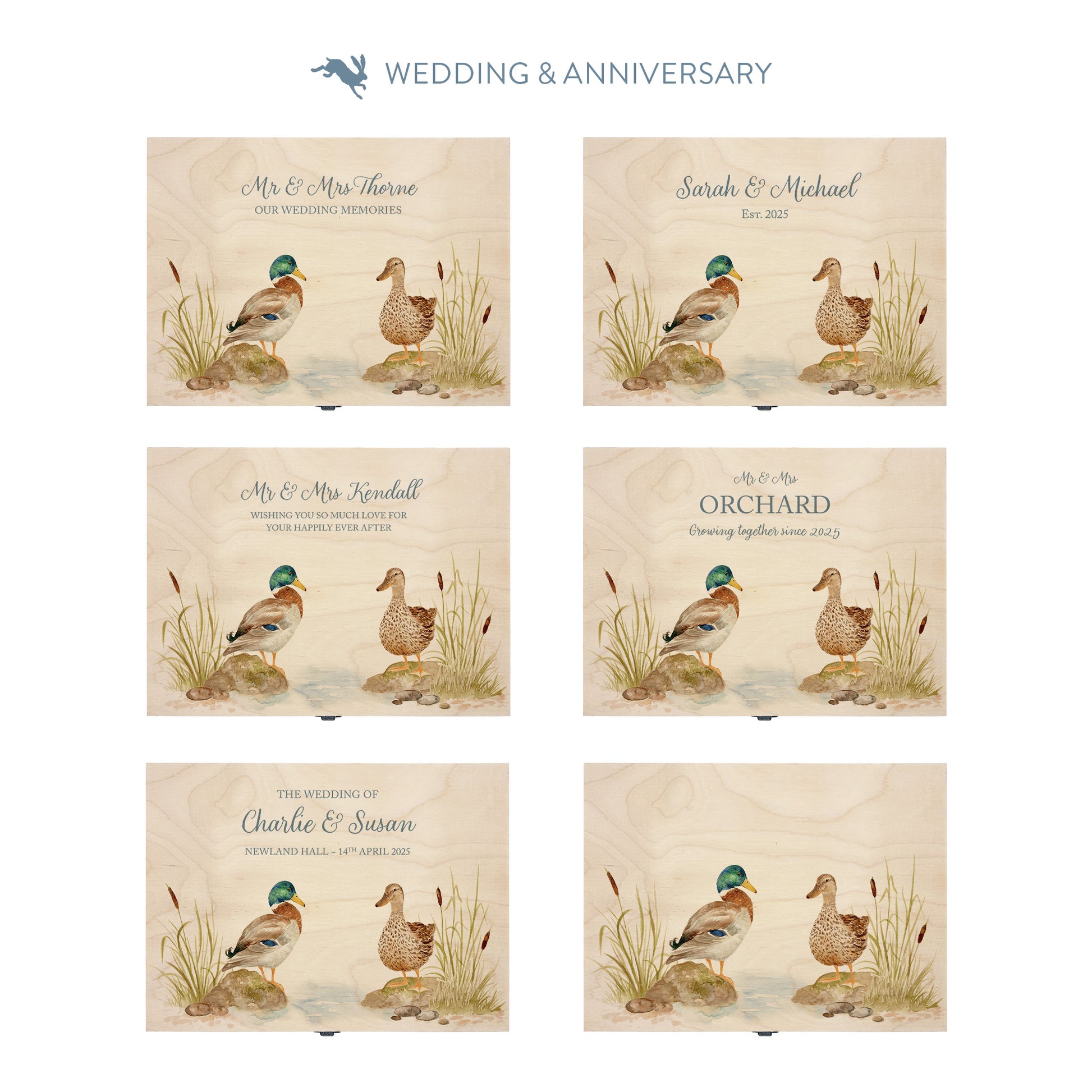 This shows our beautiful Large wooden & anniversary gift box with the various personalisation options you can choose to offer a truly customised present for a loved one. Couples names, Mr & Mrs, dates the options are endless.