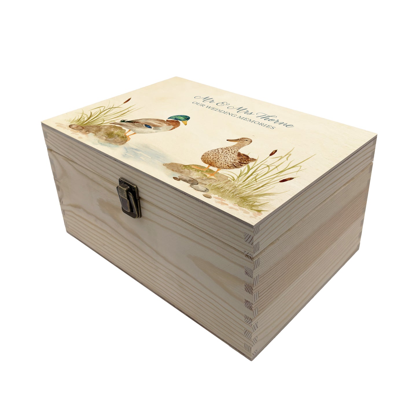 Medium wooden pine memory/wedding/anniversary gift box featuring a dreamy watercolour illustration of two ducks side-by-side, perfect for celebrating a lasting bond.