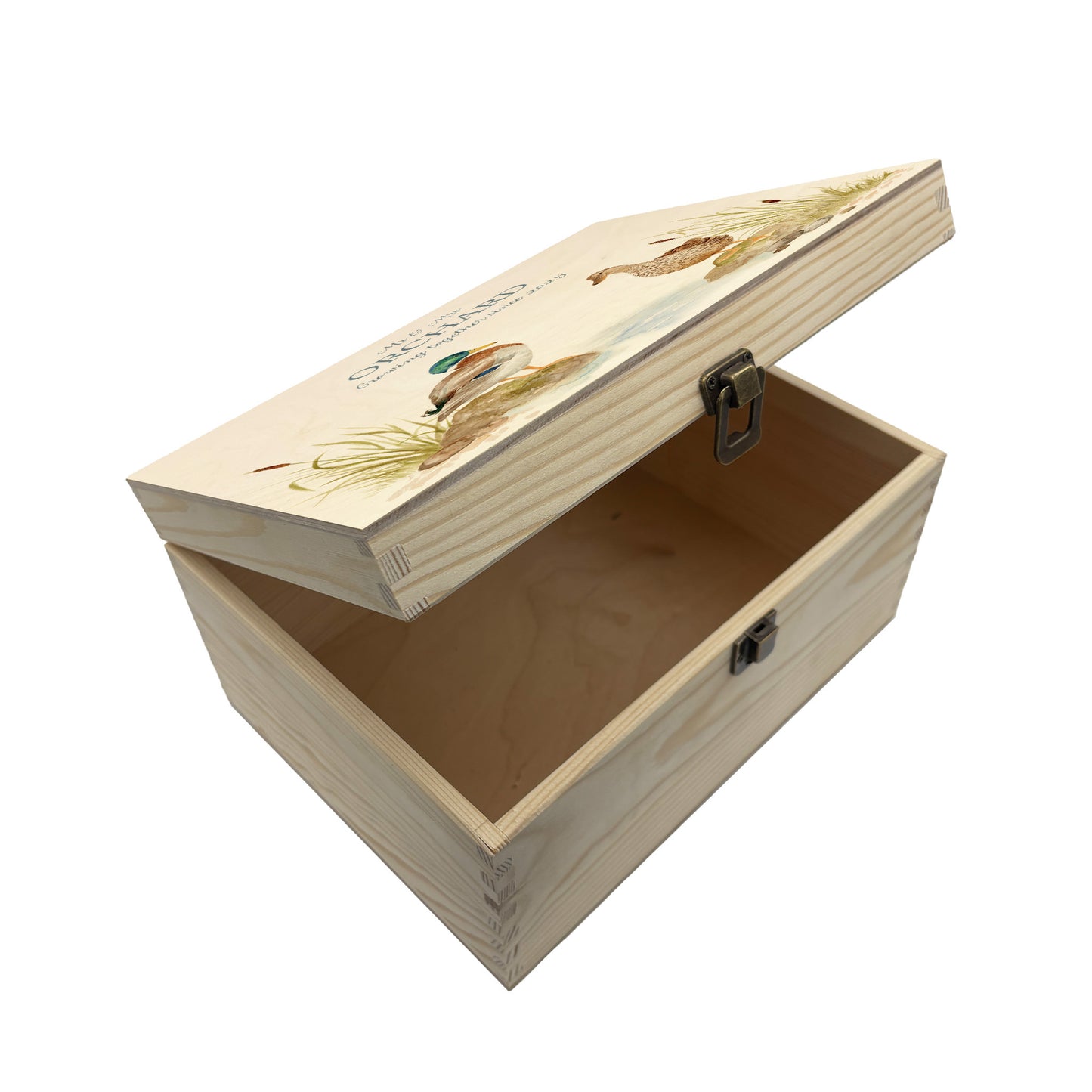 Medium wooden pine memory/wedding/anniversary gift box featuring a dreamy watercolour illustration of two ducks side-by-side, perfect for celebrating a lasting bond.
