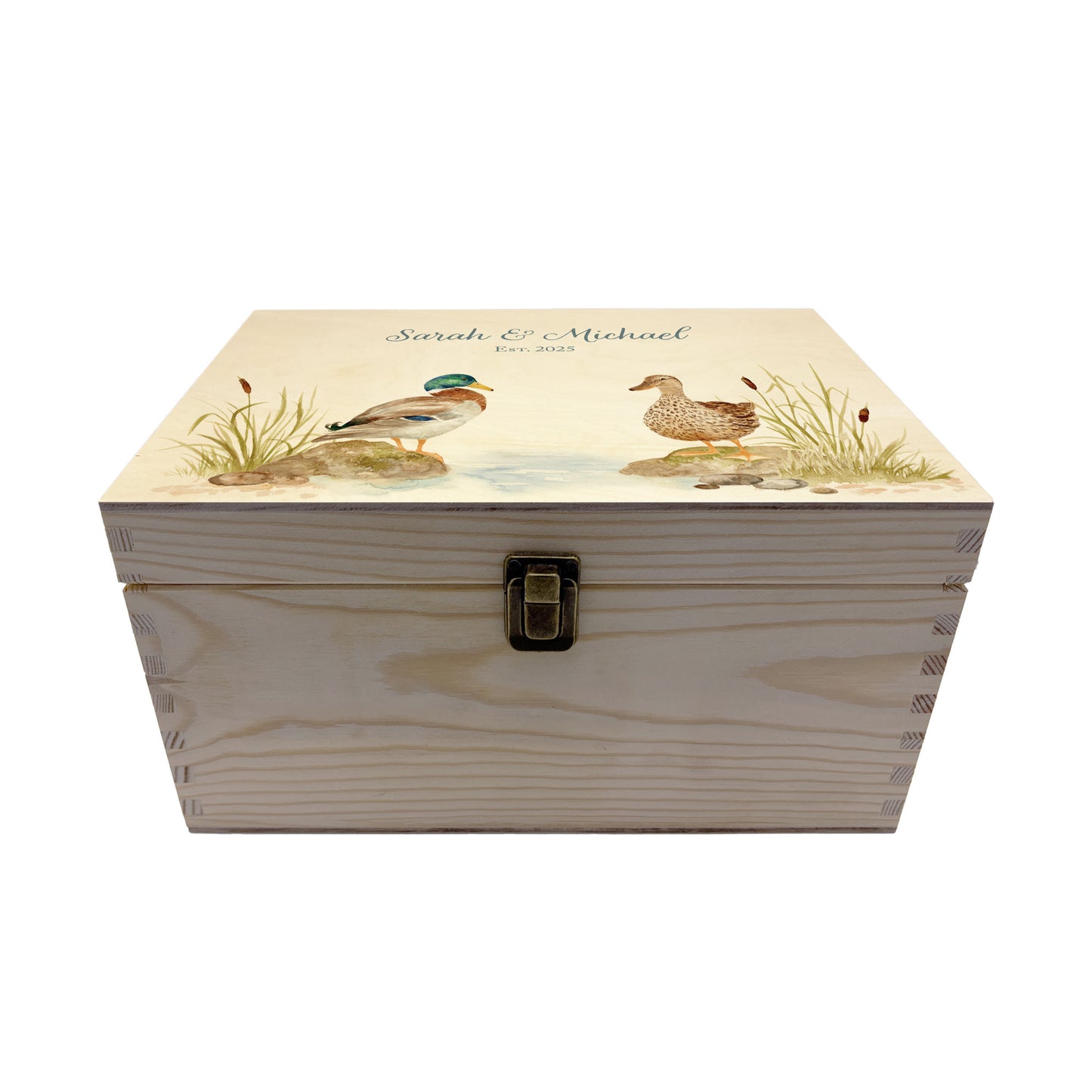 Medium wooden pine memory/wedding/anniversary gift box featuring a dreamy watercolour illustration of two ducks side-by-side, perfect for celebrating a lasting bond.