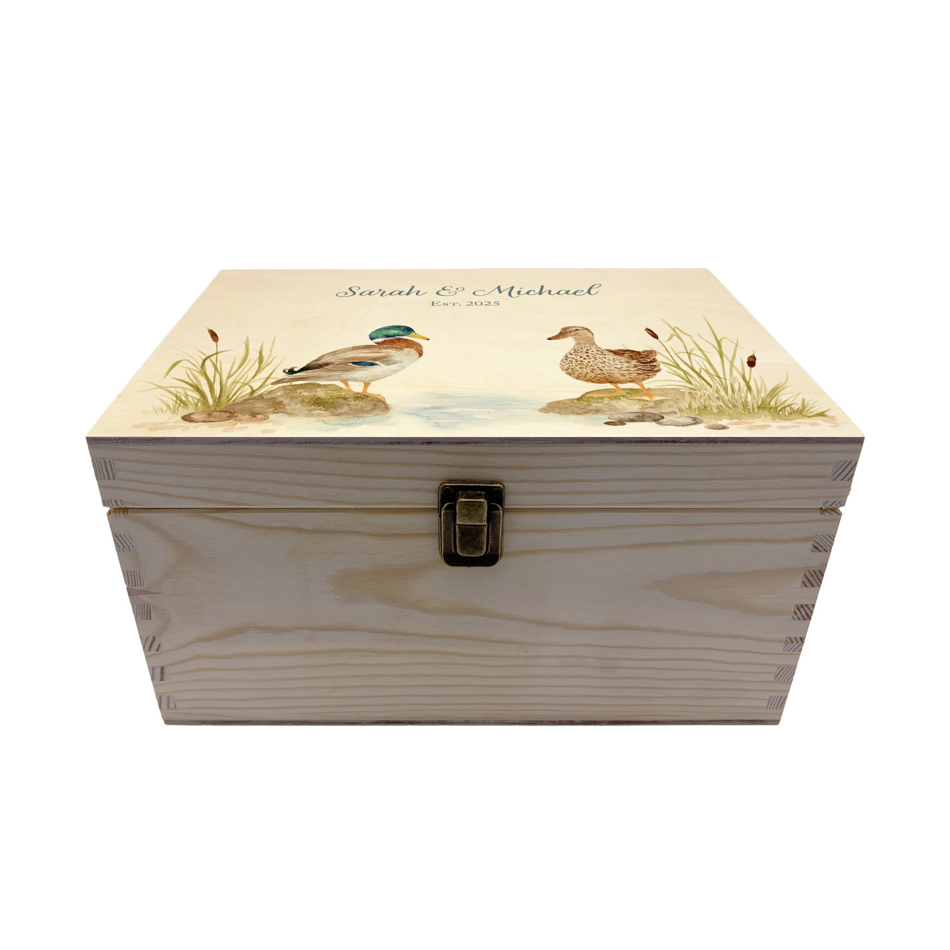 Medium wooden pine memory/wedding/anniversary gift box featuring a dreamy watercolour illustration of two ducks side-by-side, perfect for celebrating a lasting bond.