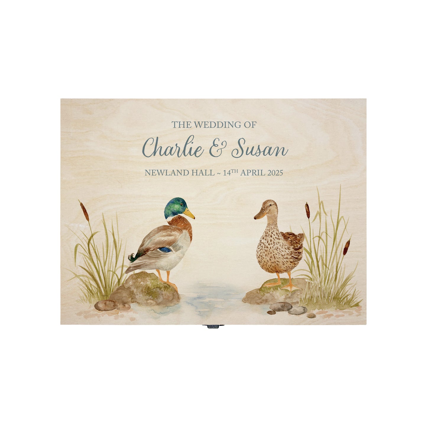 Medium wooden pine memory/wedding/anniversary gift box featuring a dreamy watercolour illustration of two ducks side-by-side, perfect for celebrating a lasting bond.