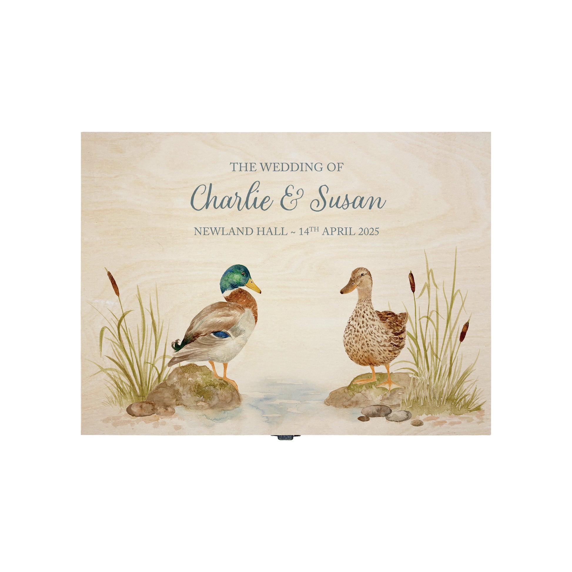 Medium wooden pine memory/wedding/anniversary gift box featuring a dreamy watercolour illustration of two ducks side-by-side, perfect for celebrating a lasting bond.