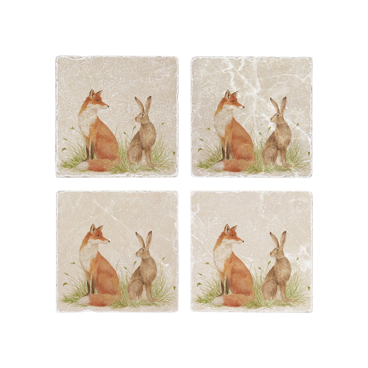 Water colour design featuring a Fox and Hare on a set of 4 coasters Sat in a meadow style scenery. Some will question are they friend or Foe?