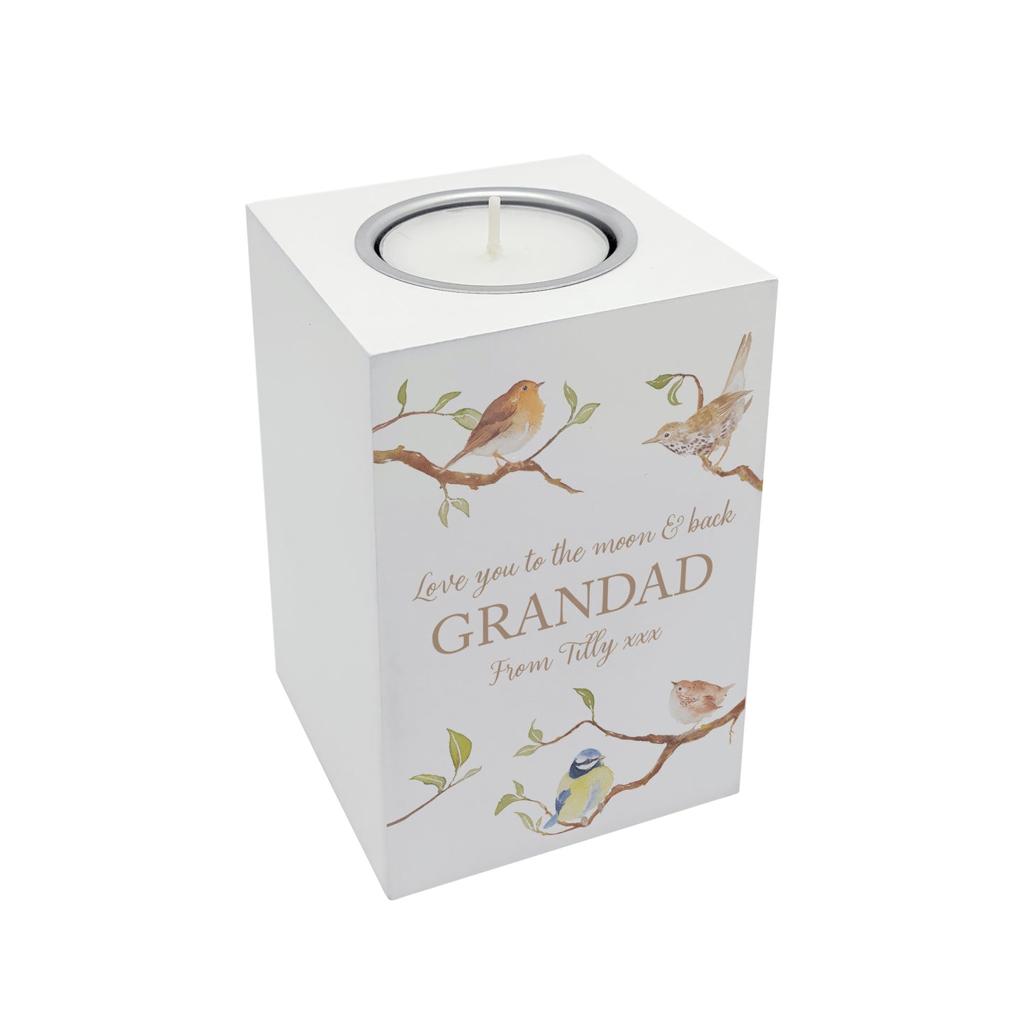 wooden cuboid luxury tealight holder with gorgeous personalised options . Each product is lovingly designed, handmade with our Countryside inspired watercolour designs. This design features birds on branches, bluetit, robin, wren and song thrush. unique designs for a truly one off special occasion for a loved one.