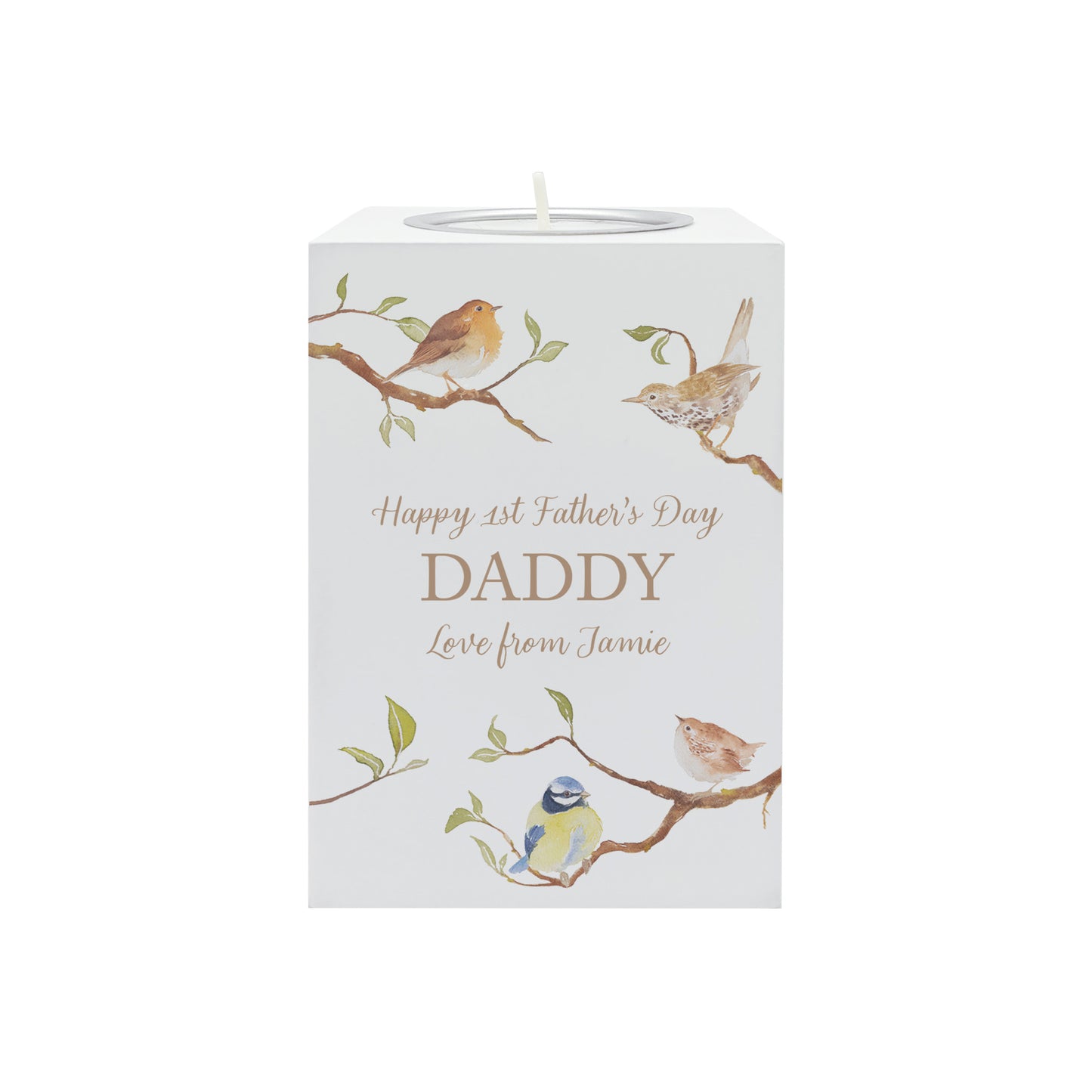 wooden cuboid luxury tealight holder with gorgeous personalised options . Each product is lovingly designed, handmade with our Countryside inspired watercolour designs. This design features birds on branches, bluetit, robin, wren and song thrush. unique designs for a truly one off special occasion for a loved one.