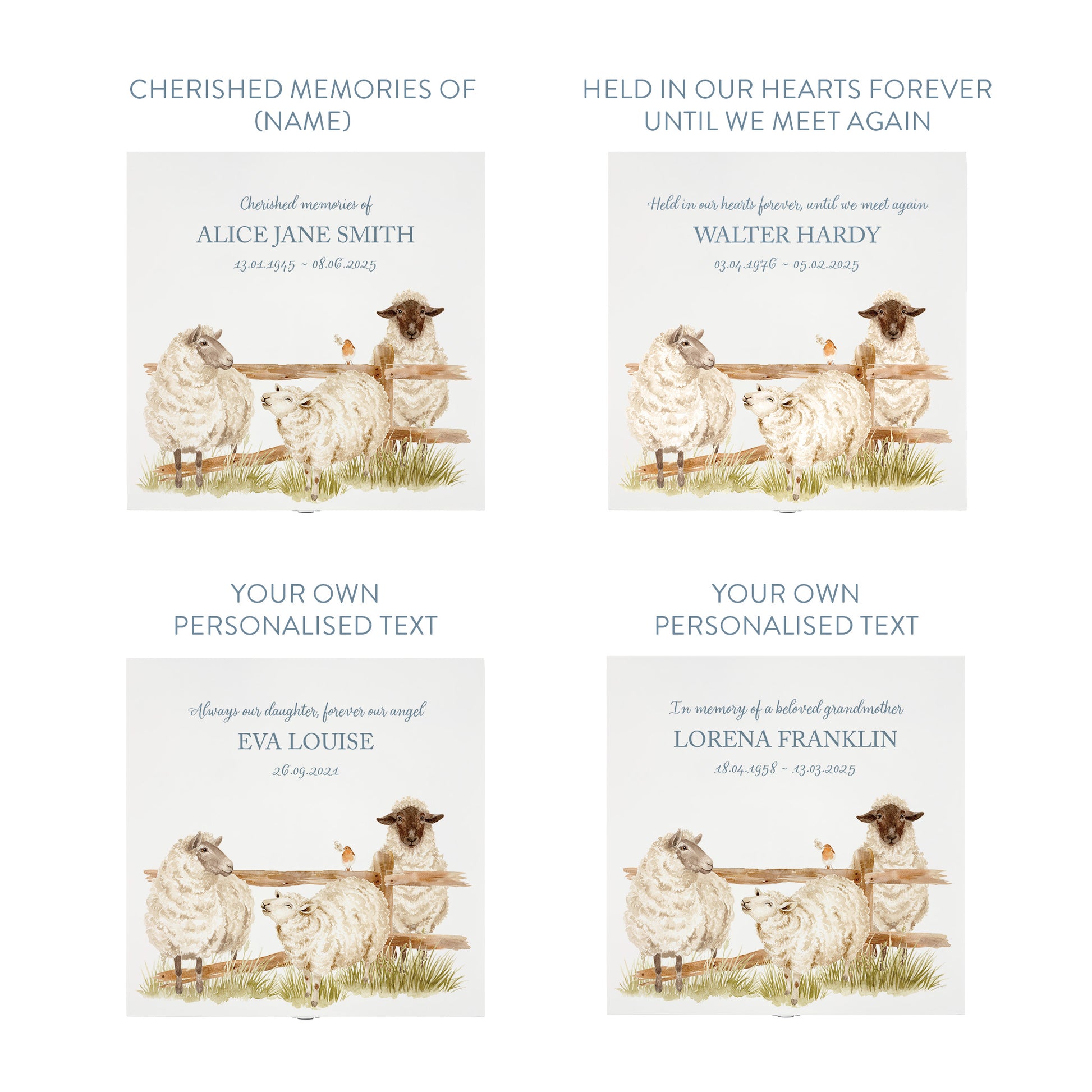 White Square personalised Wooden box with a decorative lid featuring illustrations of Sheep and a little Robin lined up along a fence line. Perfect funeral memory keepsake box, for storing ashes, order of service, flowers and capturing your loved ones things in one place
