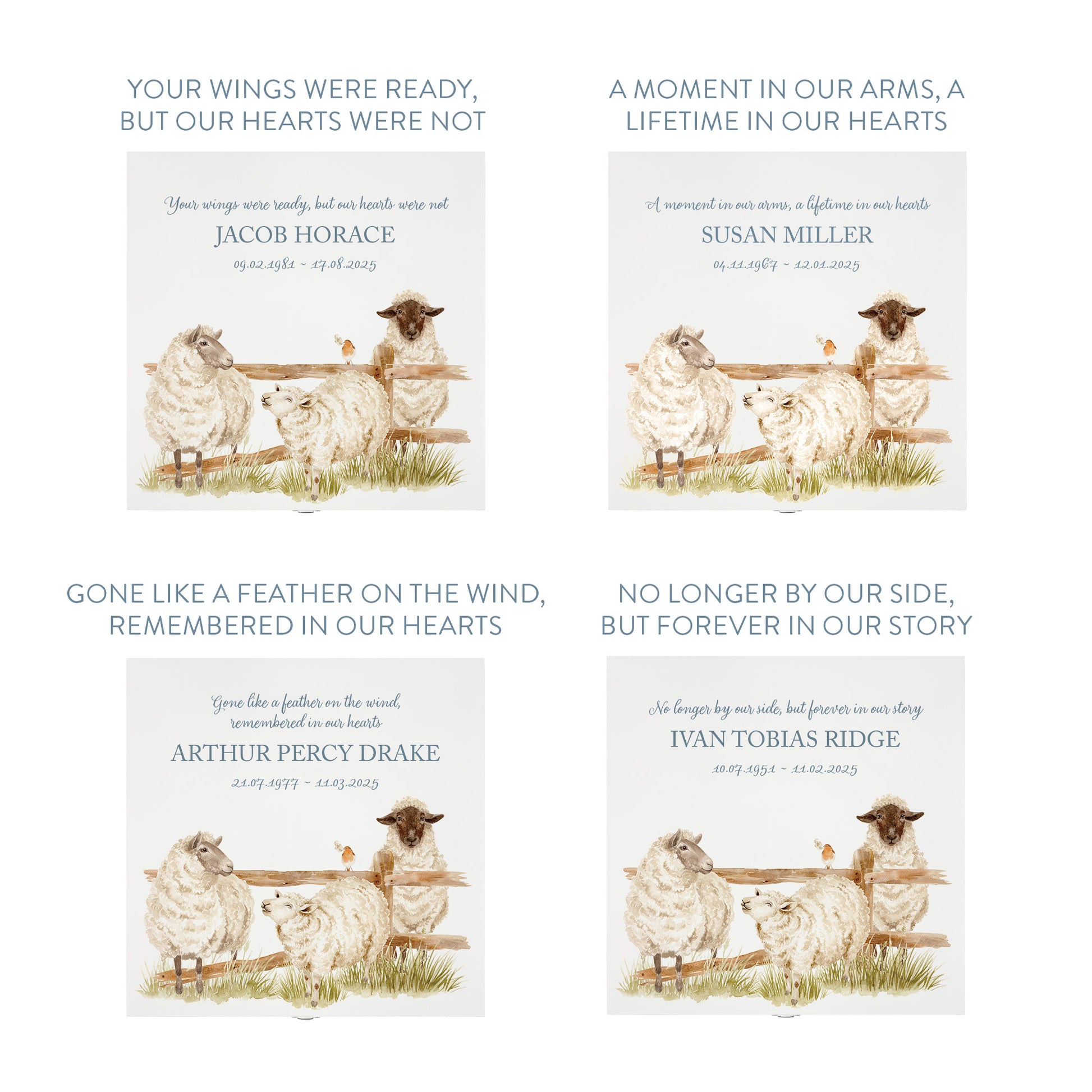 White Square personalised Wooden box with a decorative lid featuring illustrations of Sheep and a little Robin lined up along a fence line. Perfect funeral memory keepsake box, for storing ashes, order of service, flowers and capturing your loved ones things in one place