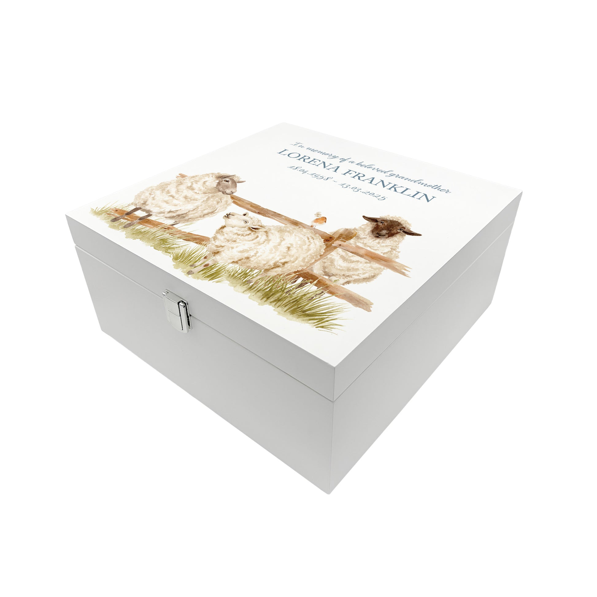 White Square personalised Wooden box with a decorative lid featuring illustrations of Sheep and a little Robin lined up along a fence line. Perfect funeral memory keepsake box, for storing ashes, order of service, flowers and capturing your loved ones things in one place