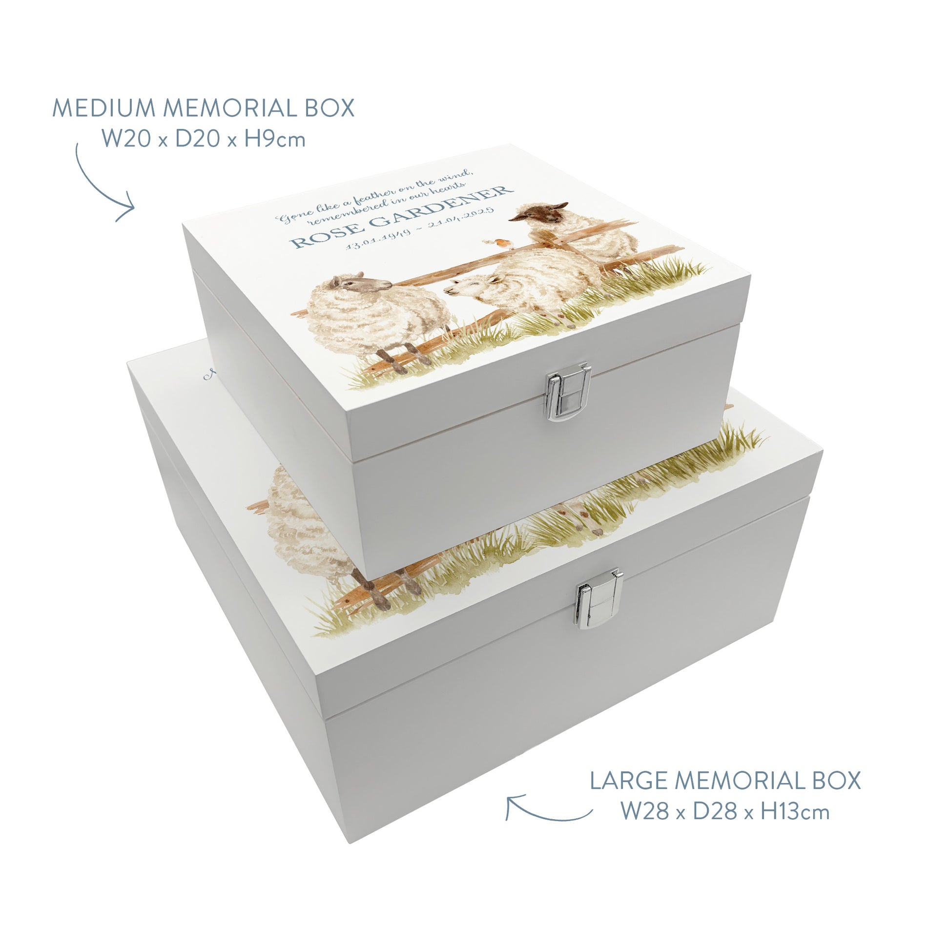 White Square personalised Wooden box with a decorative lid featuring illustrations of Sheep and a little Robin lined up along a fence line. Perfect funeral memory keepsake box, for storing ashes, order of service, flowers and capturing your loved ones things in one place