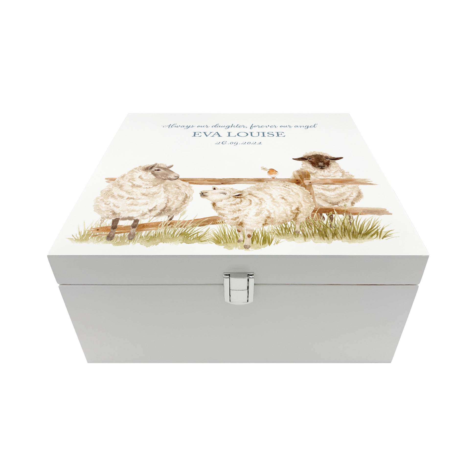 White Square personalised Wooden box with a decorative lid featuring illustrations of Sheep and a little Robin lined up along a fence line. Perfect funeral memory keepsake box, for storing ashes, order of service, flowers and capturing your loved ones things in one place