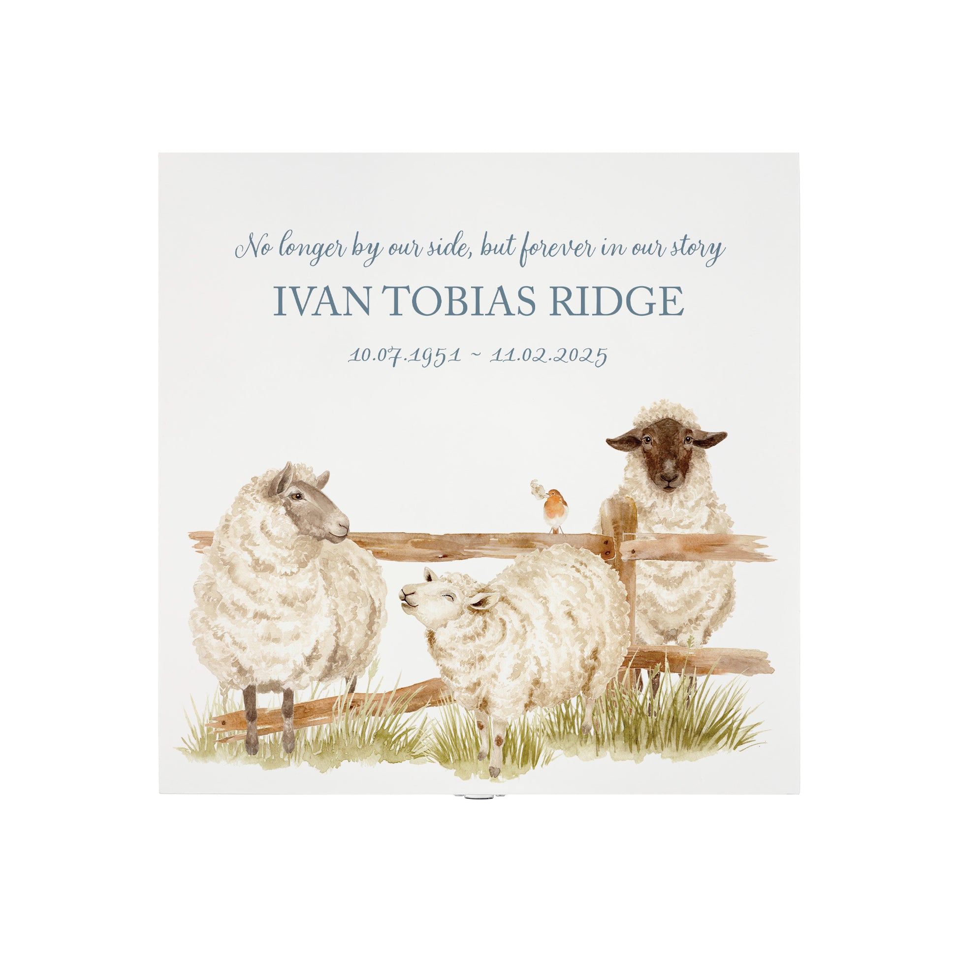 White Square personalised Wooden box with a decorative lid featuring illustrations of Sheep and a little Robin lined up along a fence line. Perfect funeral memory keepsake box, for storing ashes, order of service, flowers and capturing your loved ones things in one place