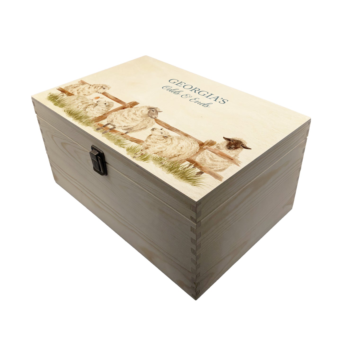 Large wooden pine gift box, The perfect Personalised keepsake, multipurpose, memory box, storage box with a group of sheep lined up at a fence with a robin sat on the edge. The design features our classic gentle watercolour style. The best was to offer a truly unique gift for a loved one.