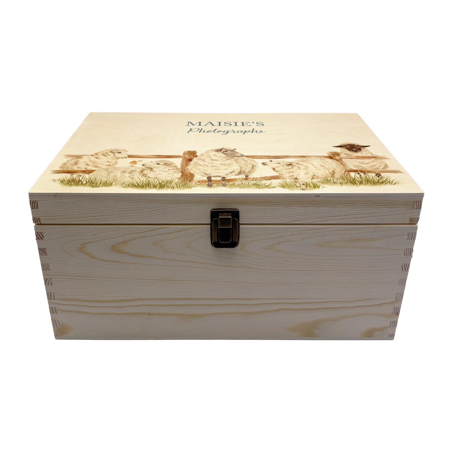 Large wooden pine gift box, The perfect Personalised keepsake, multipurpose, memory box, storage box with a group of sheep lined up at a fence with a robin sat on the edge. The design features our classic gentle watercolour style. The best was to offer a truly unique gift for a loved one.