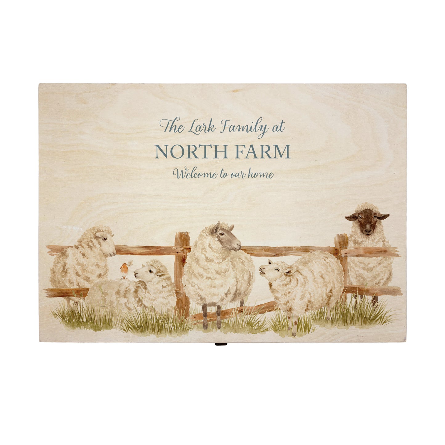 Large wooden pine gift box, The perfect Personalised keepsake, multipurpose, memory box, storage box with a group of sheep lined up at a fence with a robin sat on the edge. The design features our classic gentle watercolour style. The best was to offer a truly unique gift for a loved one.
