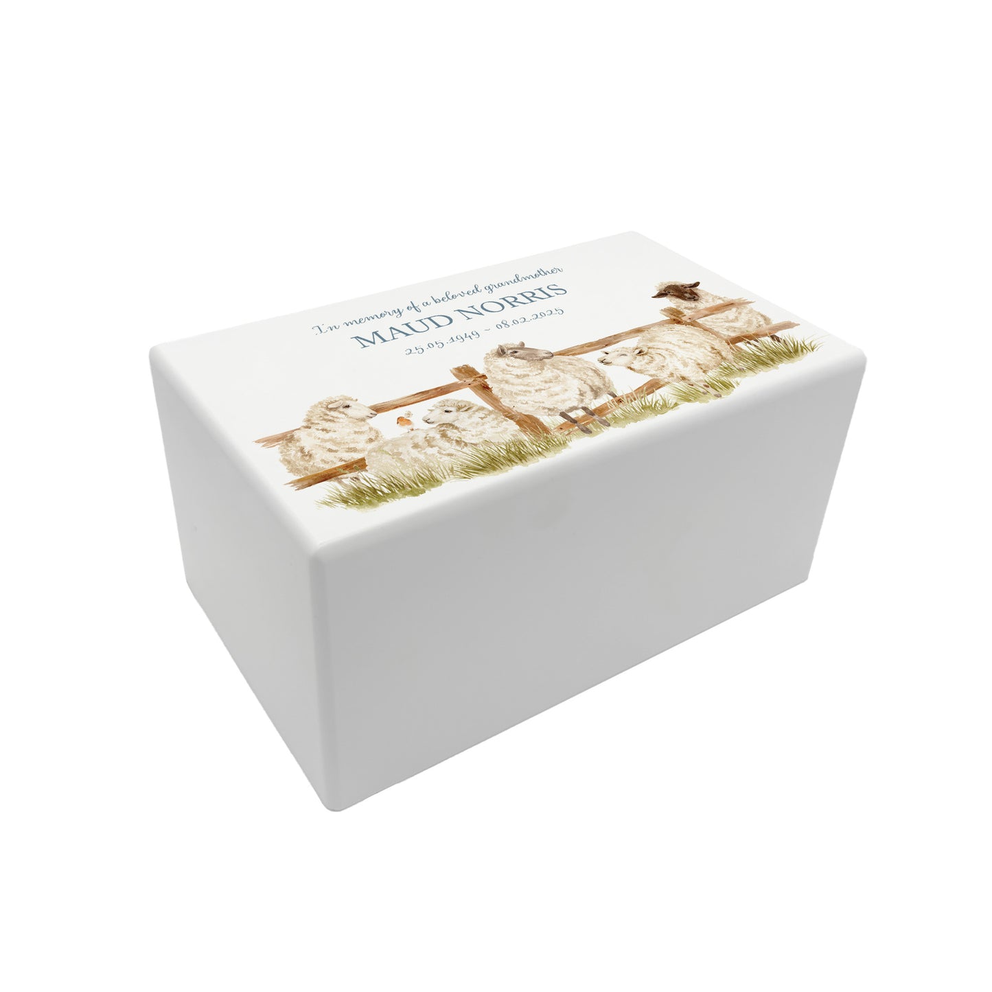 Luxury solid wooden white painted Urn with Sheep lines up along a fence with a little Robin sitting on the sheep watercolour illustration our urns and Caskets for displaying or burying ashes. Customisable and can be personalised. Perfect funeral memory keepsake urn, for storing ashes for humans and pets.